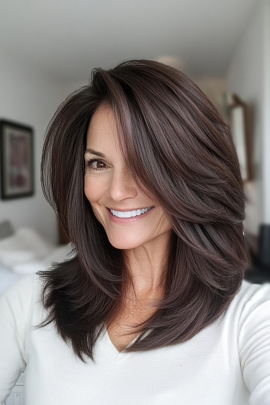 8. Sleek Layered Lob in Dark Espresso (Layered Hairstyles For Older Women) - Layered Hairstyles For Older Women