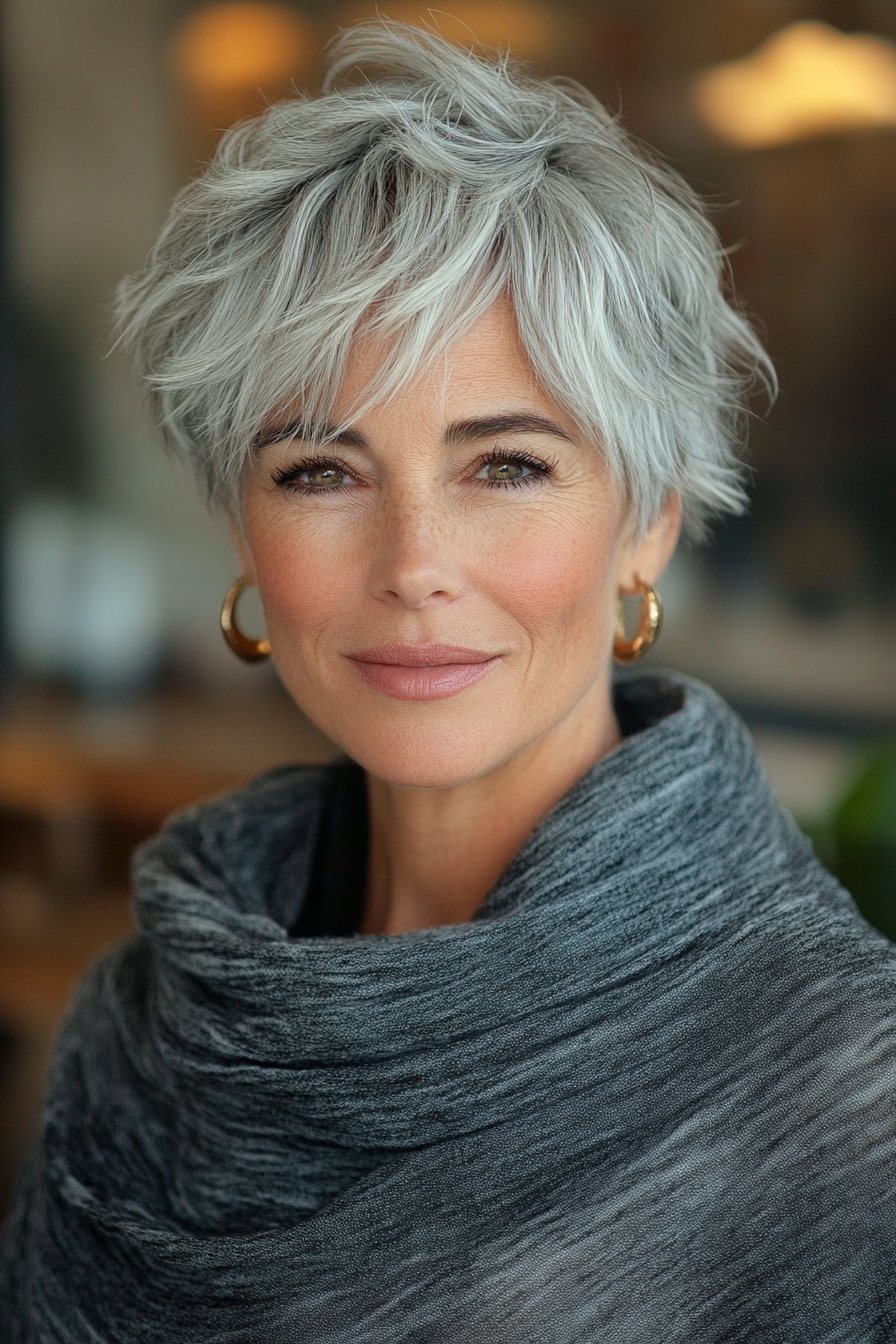 10. Choppy Short Crop in Cool Salt & Pepper (Layered Hairstyles For Older Women) - Layered Hairstyles For Older Women