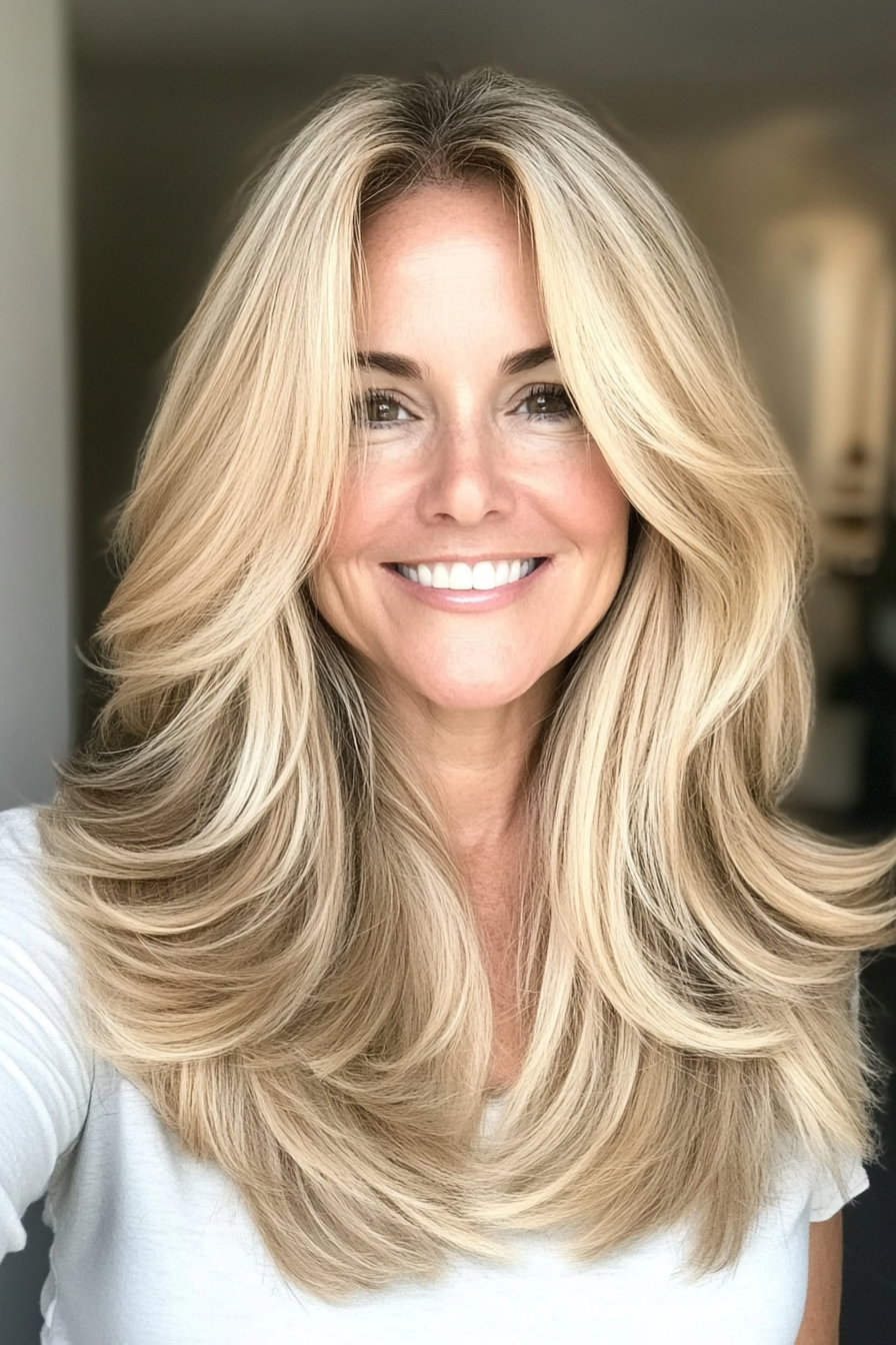 11. Long Feathered Layers in Sandy Blonde (Layered Hairstyles For Older Women) - Layered Hairstyles For Older Women