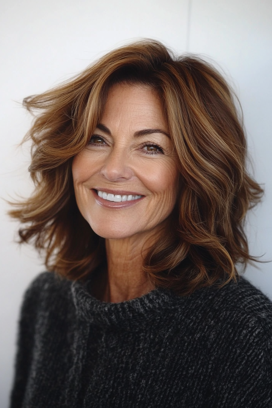 12. Textured Medium-Length Cut in Soft Caramel Brown (Layered Hairstyles For Older Women) - Layered Hairstyles For Older Women