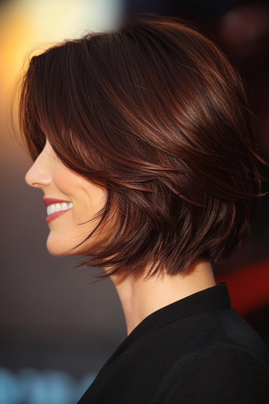 13. Angled Layered Bob in Rich Mahogany (Layered Hairstyles For Older Women) - Layered Hairstyles For Older Women