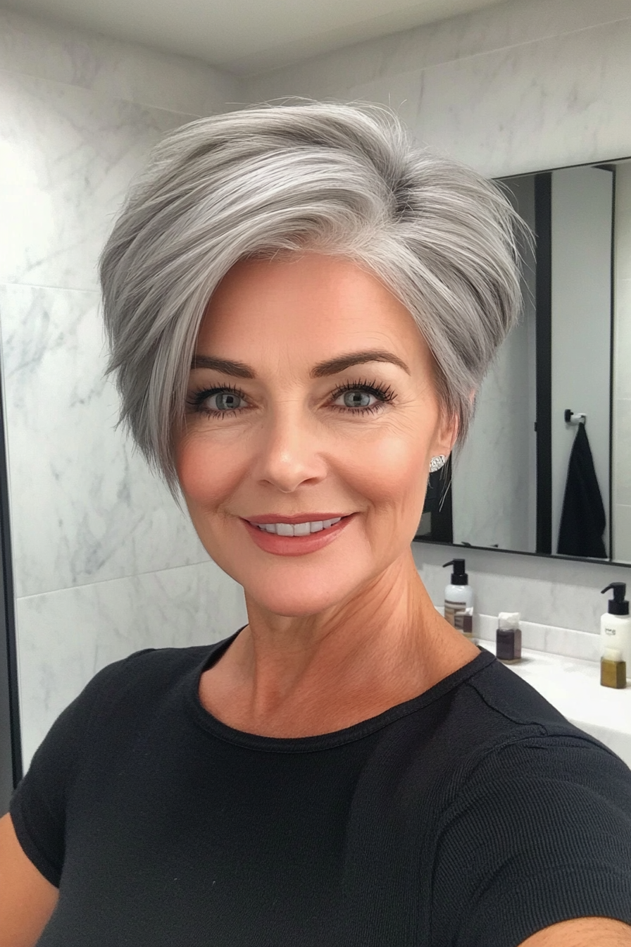 14. Short Tapered Pixie in Smoky Gray (Layered Hairstyles For Older Women) - Layered Hairstyles For Older Women