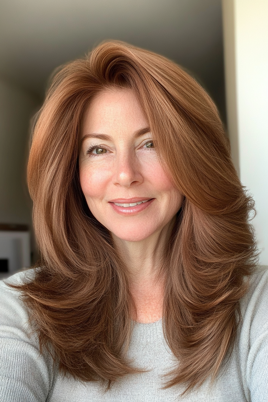 15. Shoulder-Length Swoopy Layers in Chestnut Brown (Layered Hairstyles For Older Women) - Layered Hairstyles For Older Women