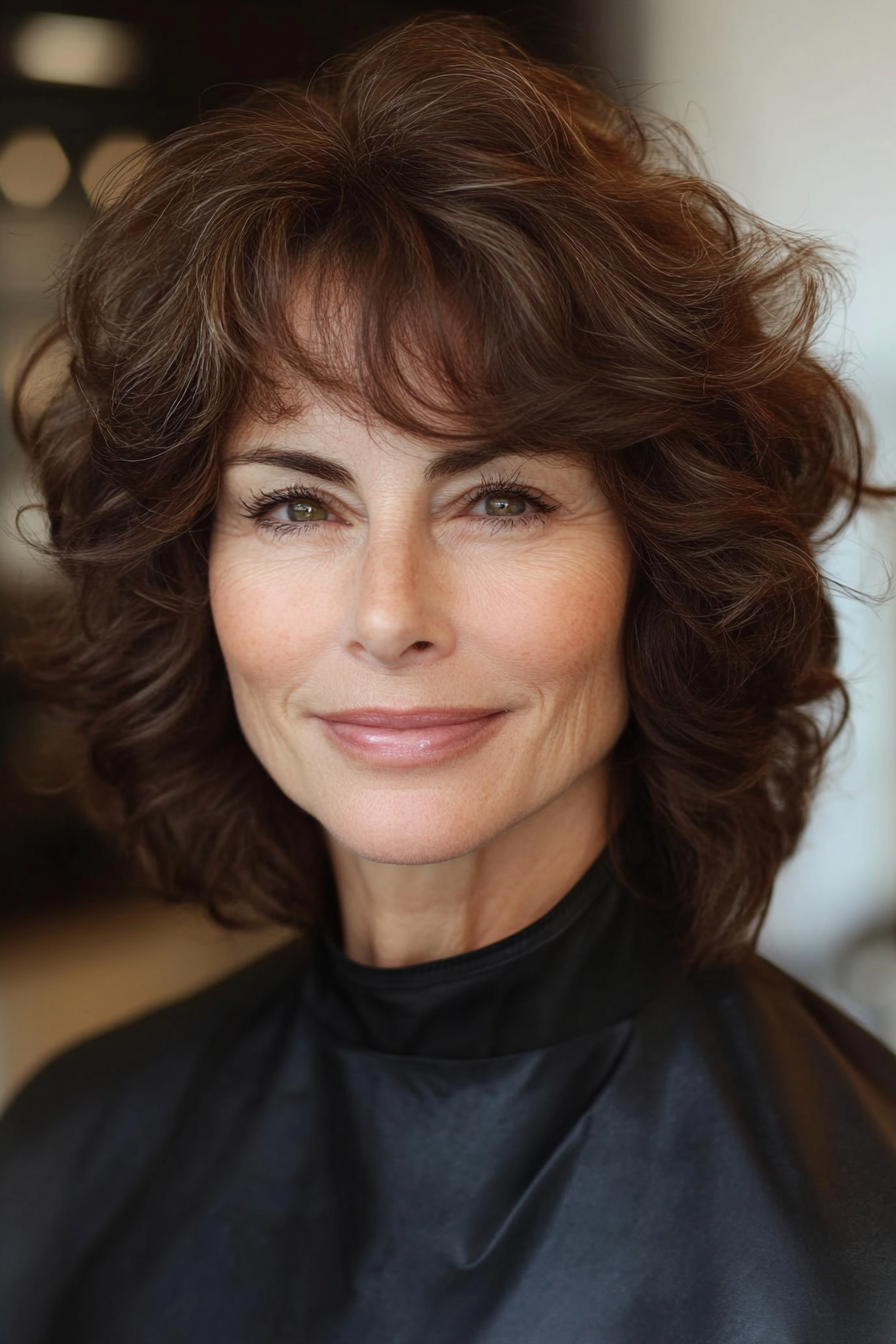 16. Voluminous Curly Layers in Deep Cocoa Brown (Layered Hairstyles For Older Women) - Layered Hairstyles For Older Women