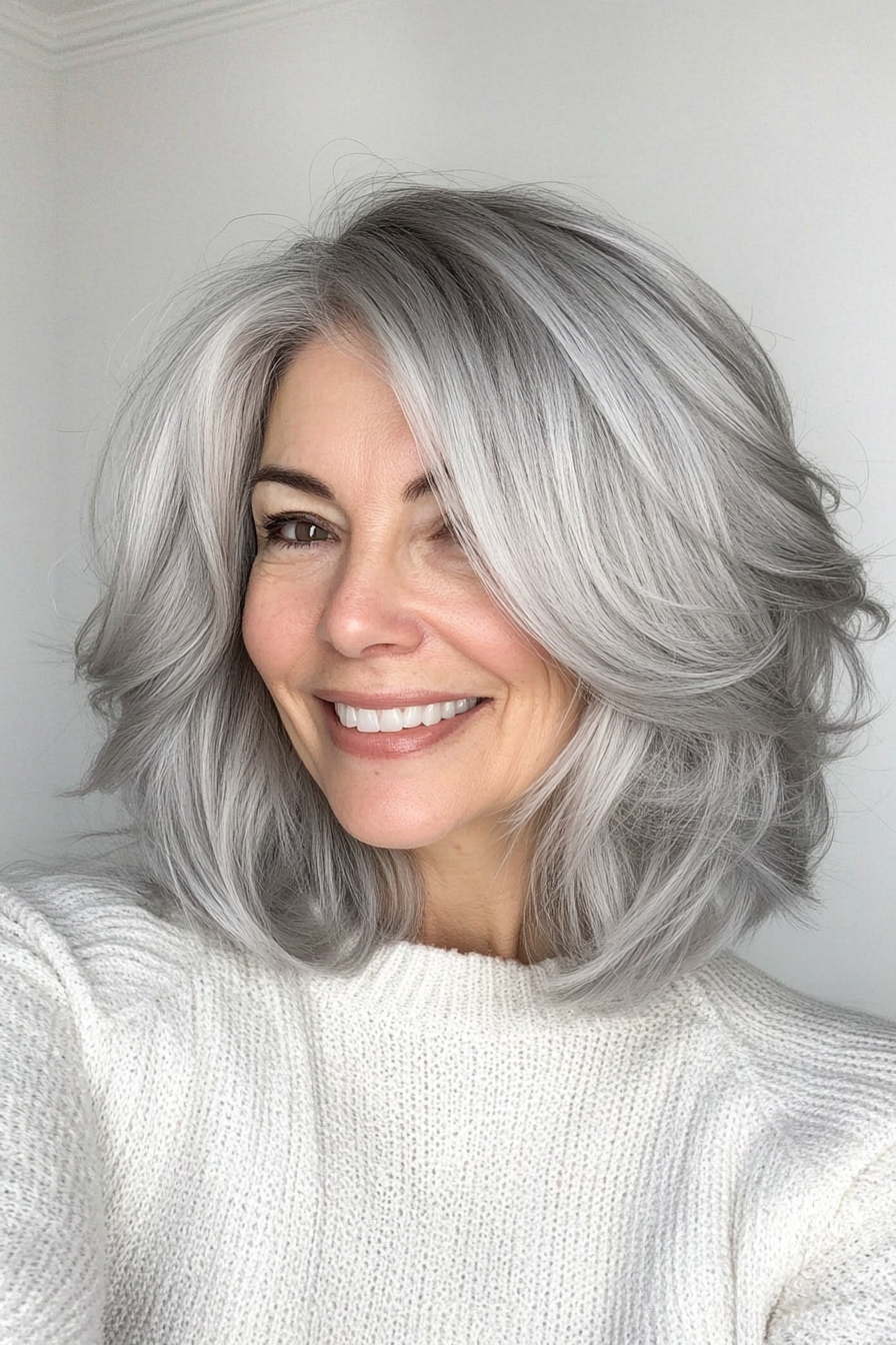 17. Chin-Length Tousled Layers in Platinum Gray (Layered Hairstyles For Older Women) - Layered Hairstyles For Older Women