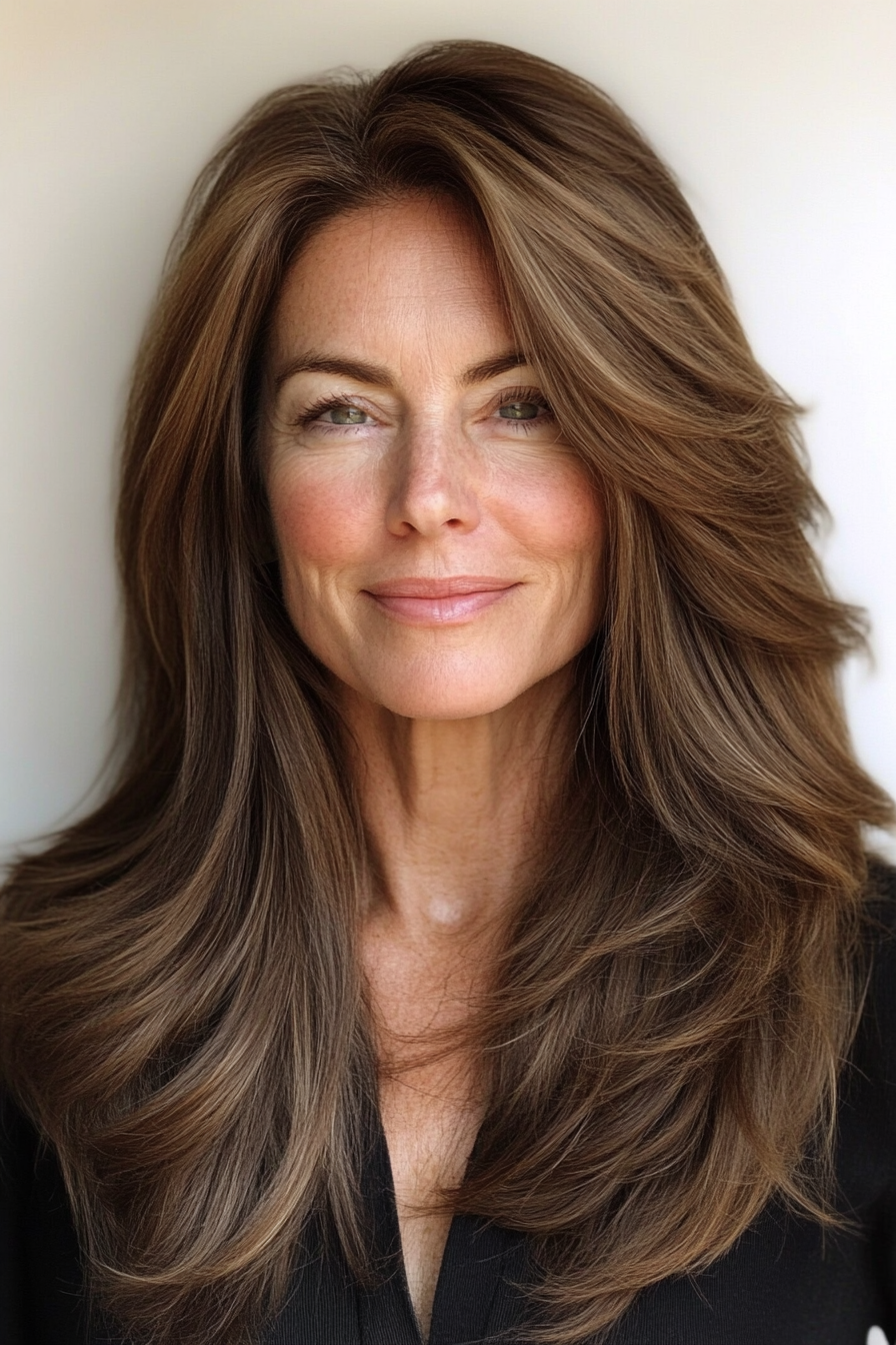 18. Long Subtle Layers in Soft Hazelnut Brown (Layered Hairstyles For Older Women) - Layered Hairstyles For Older Women