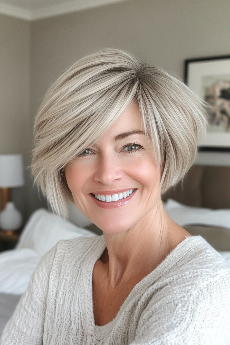 20. Modern Layered Crop in Cool Ash Blonde (Layered Hairstyles For Older Women) - Layered Hairstyles For Older Women