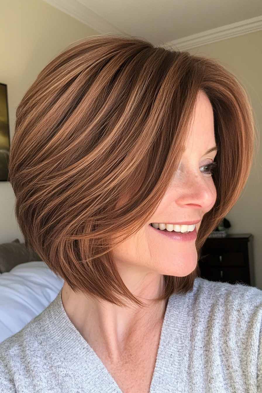 22. Stacked Bob with Soft Layers in Warm Cinnamon Brown (Layered Hairstyles For Older Women) - Layered Hairstyles For Older Women