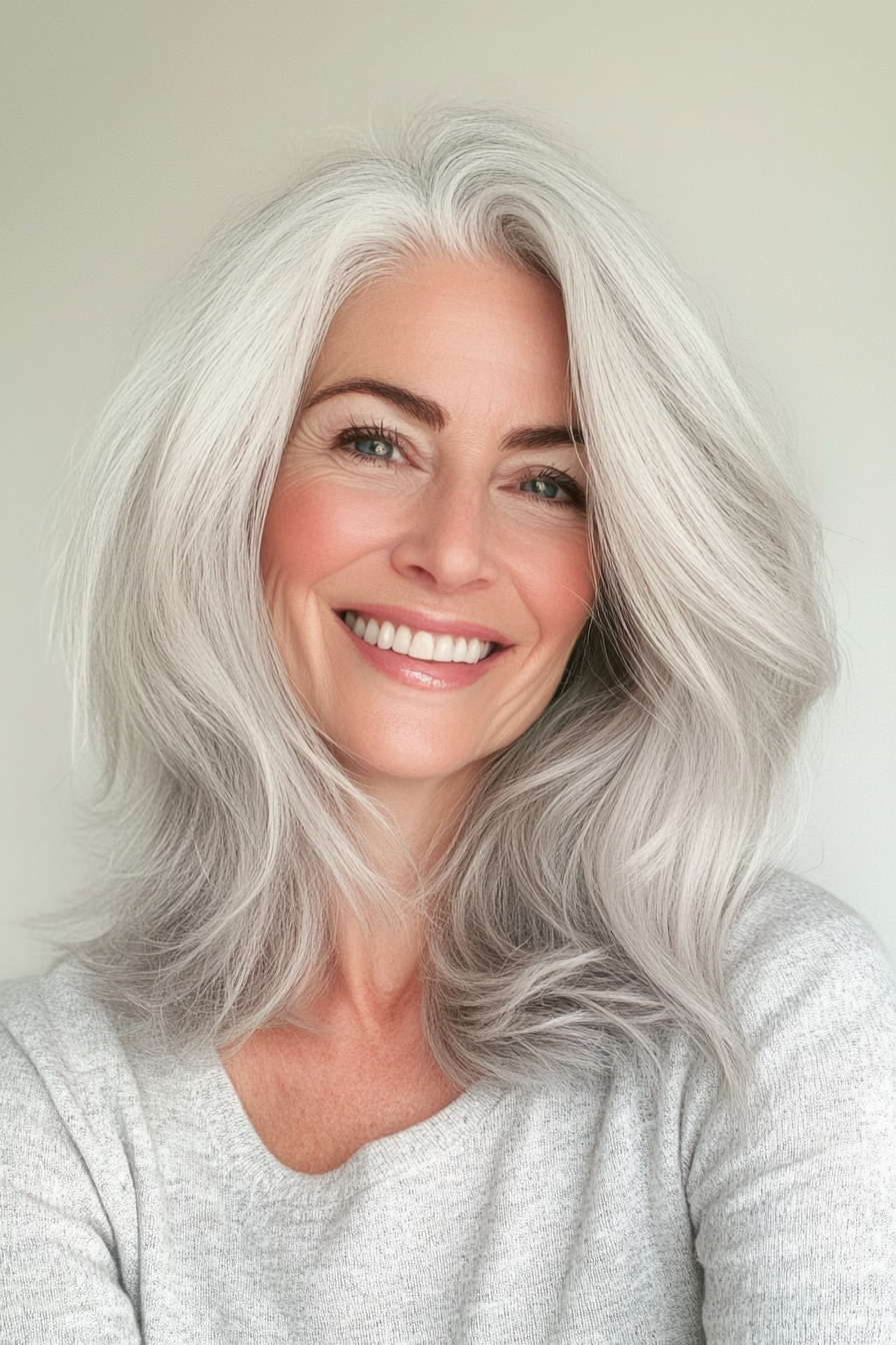 23. Mid-Length Wispy Layers in Classic Silver (Layered Hairstyles For Older Women) - Layered Hairstyles For Older Women