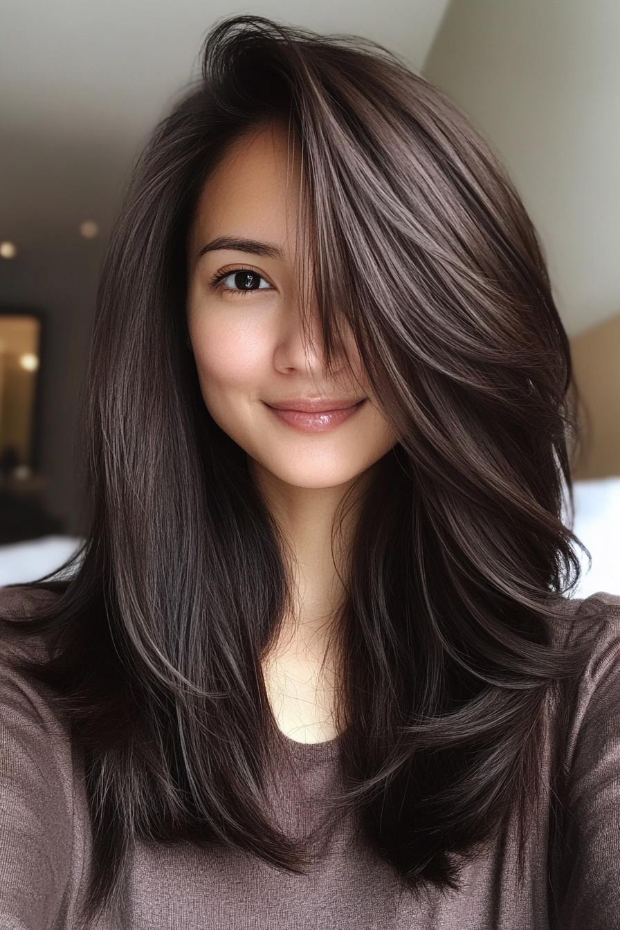 24. Gently Layered Lob in Dark Chocolate Brown (Layered Hairstyles For Older Women) - Layered Hairstyles For Older Women