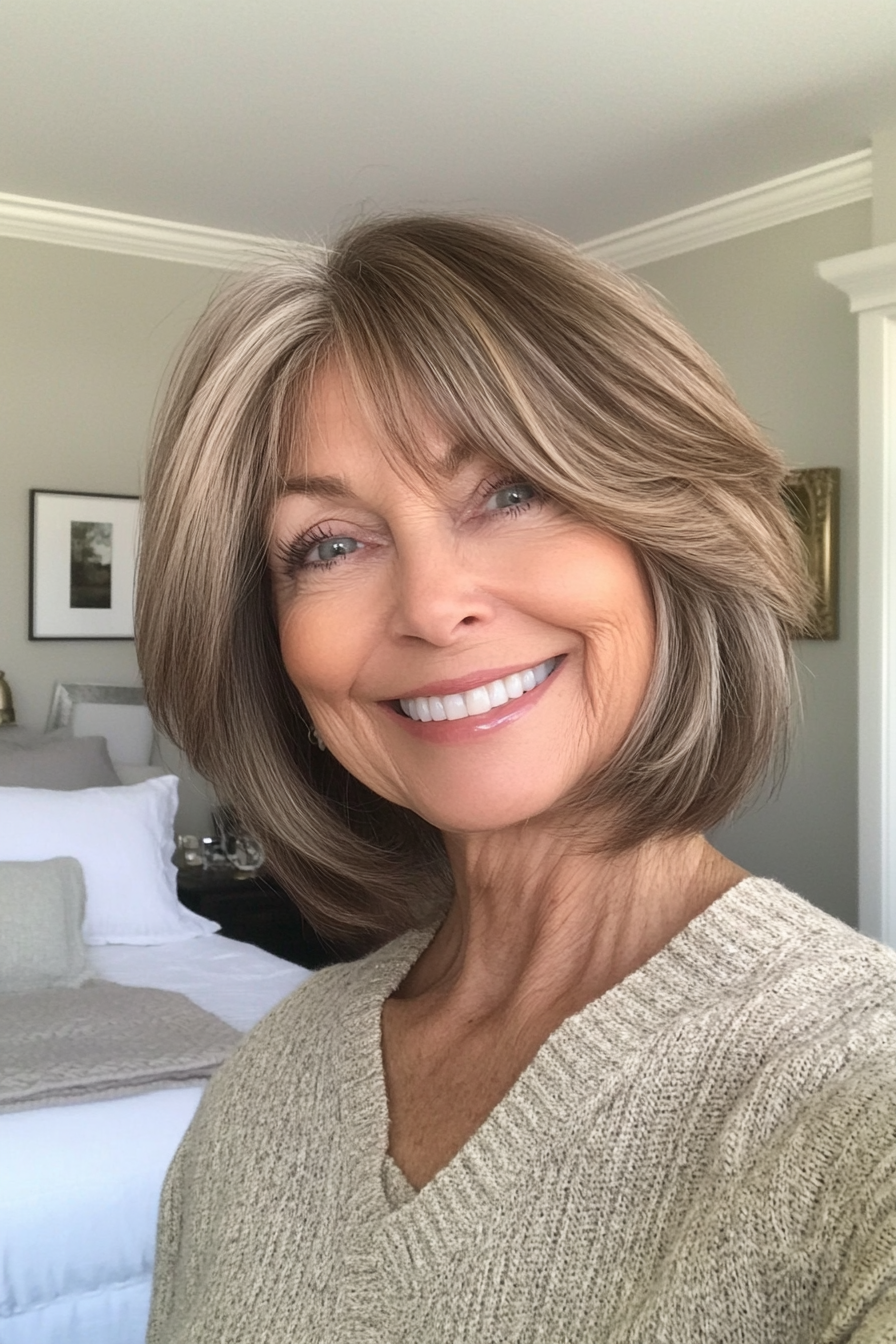 5. Ash Brown Wispy Bob with Feathered Layers (Hairstyles For Women Over 70) - Hairstyles For Women Over 70