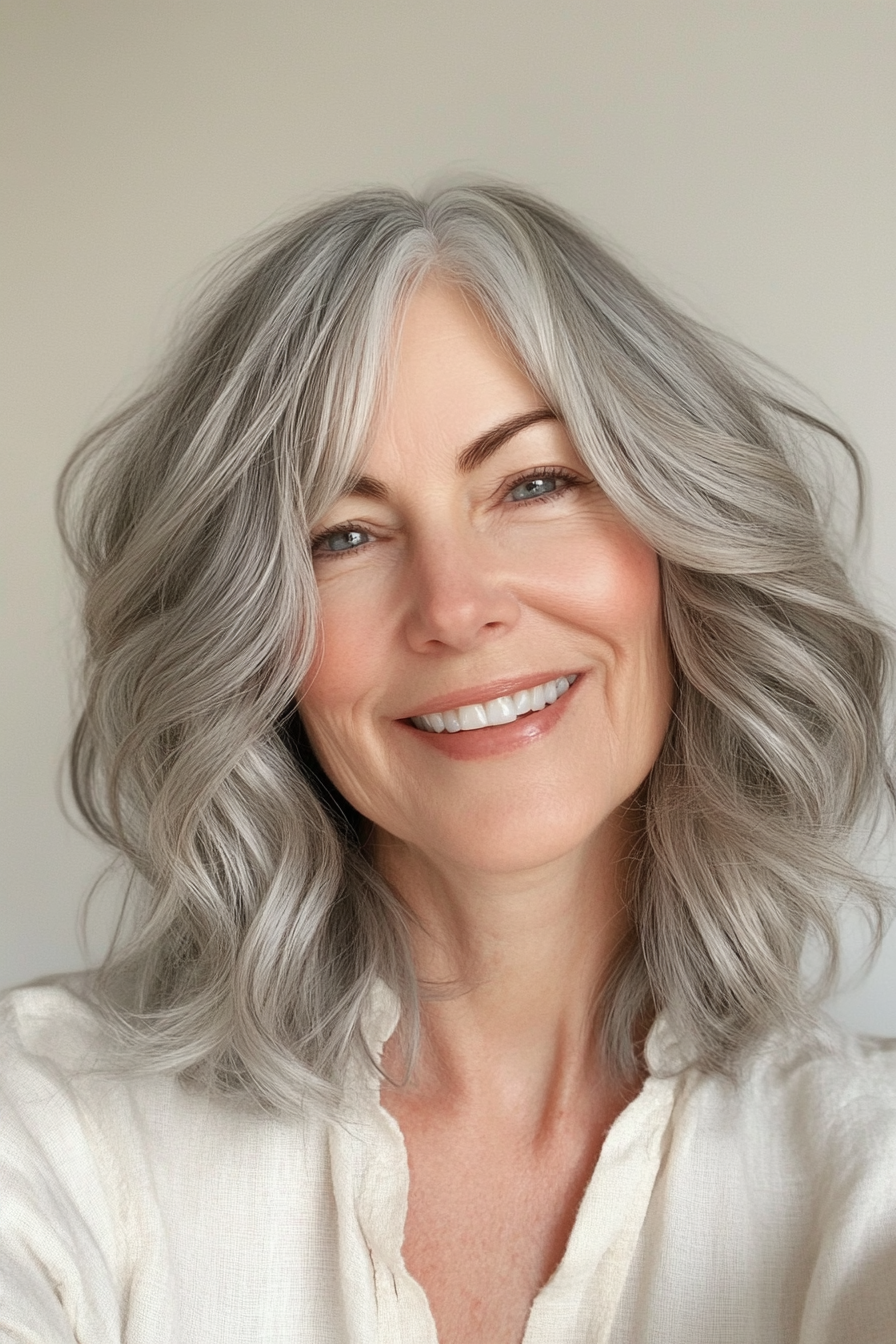 8. Natural Gray Wavy Bob with Side-Swept Bangs (Hairstyles For Women Over 70) - Hairstyles For Women Over 70