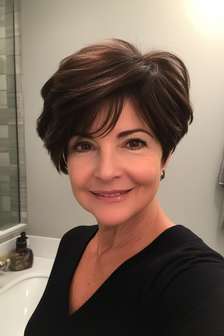 10. Dark Brunette Short Pixie with Side Bangs (Hairstyles For Women Over 70) - Hairstyles For Women Over 70