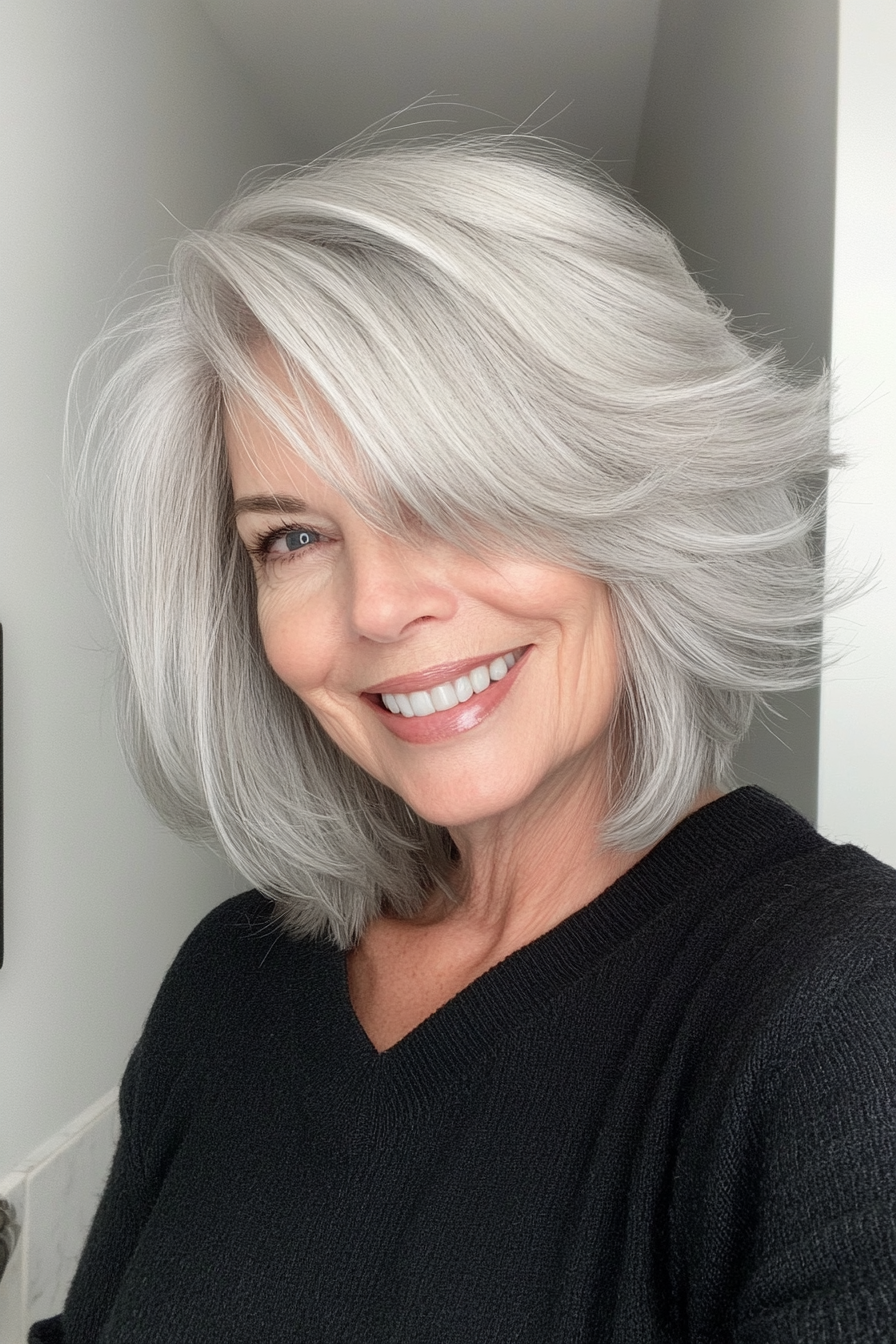 11. Layered Silver Bob with Wispy Bangs (Hairstyles For Women Over 70) - Hairstyles For Women Over 70