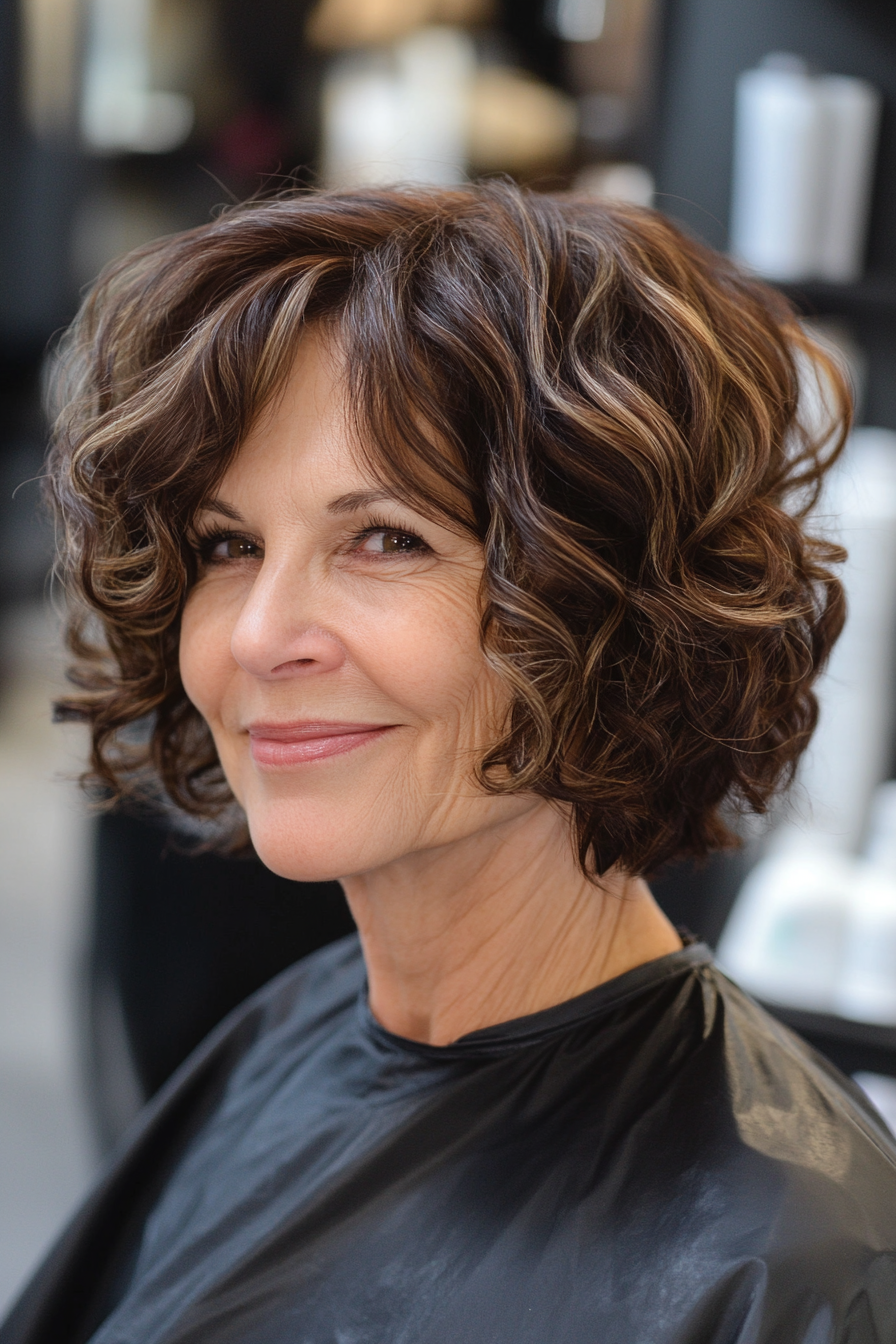 18. Espresso Brown Voluminous Curly Bob (Hairstyles For Women Over 70) - Hairstyles For Women Over 70