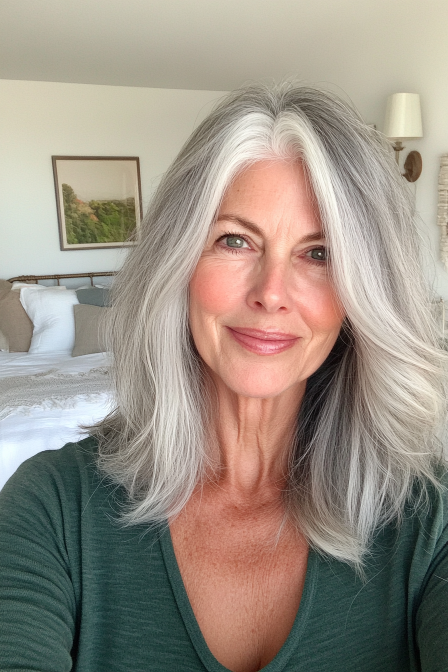 19. Frosted Gray Shoulder-Length Layered Cut (Hairstyles For Women Over 70) - Hairstyles For Women Over 70