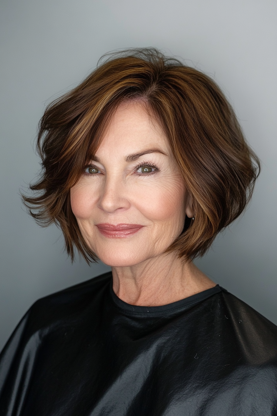 22. Chestnut Brown Classic Bob with Face-Framing Layers (Hairstyles For Women Over 70) - Hairstyles For Women Over 70