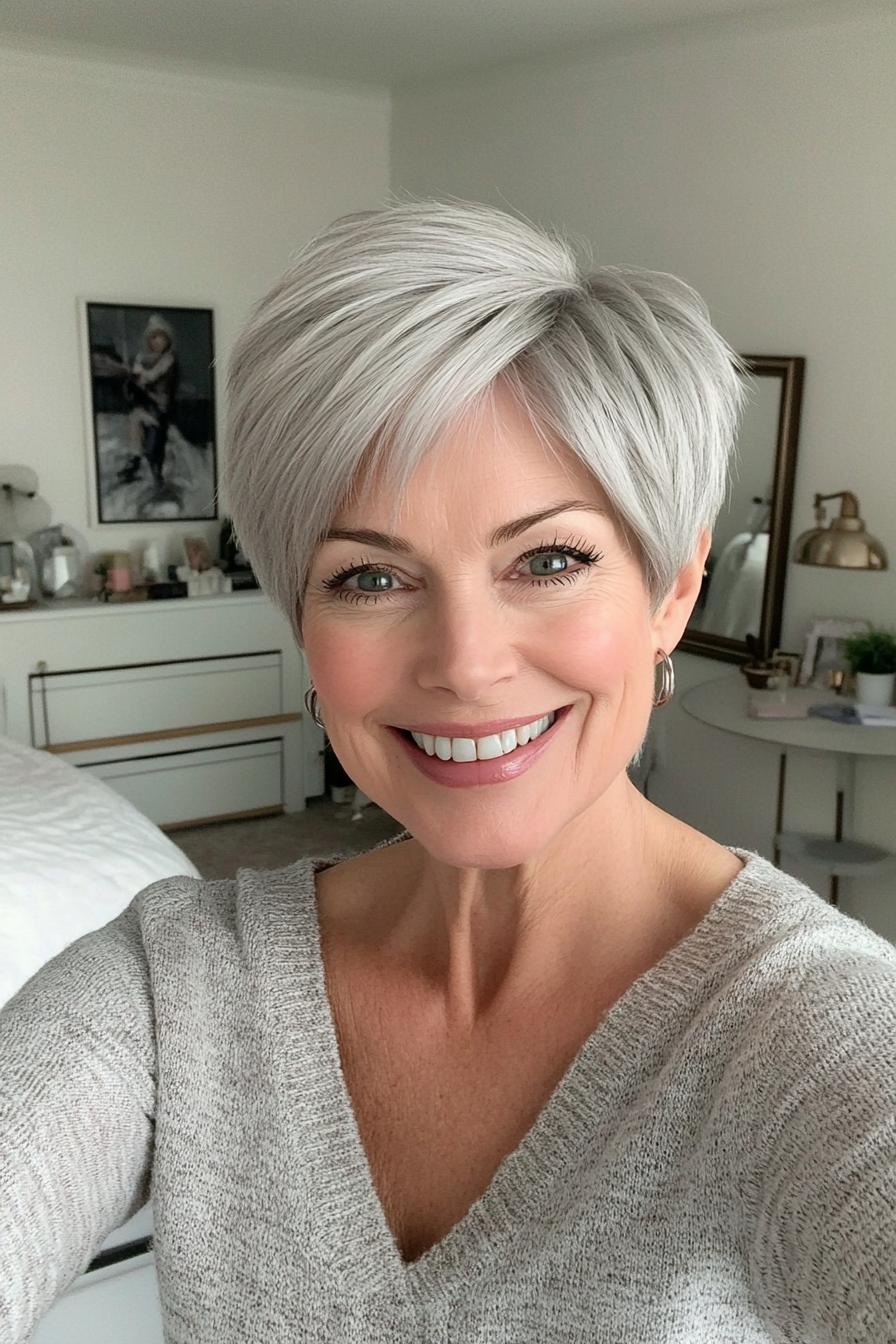 23. Natural Silver Swept-Back Pixie (Hairstyles For Women Over 70) - Hairstyles For Women Over 70