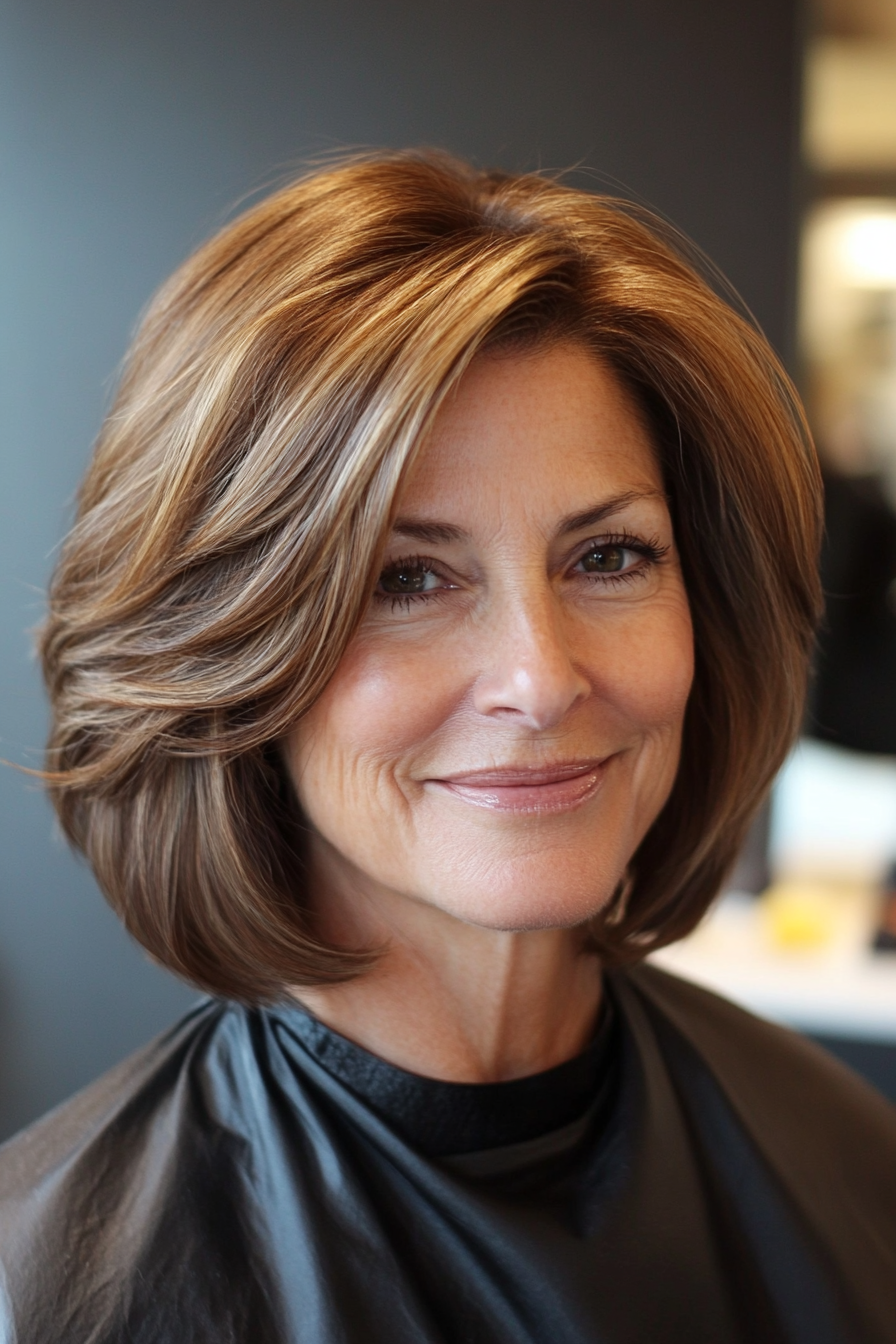 24. Golden Brunette Chin-Length Angled Bob (Hairstyles For Women Over 70) - Hairstyles For Women Over 70