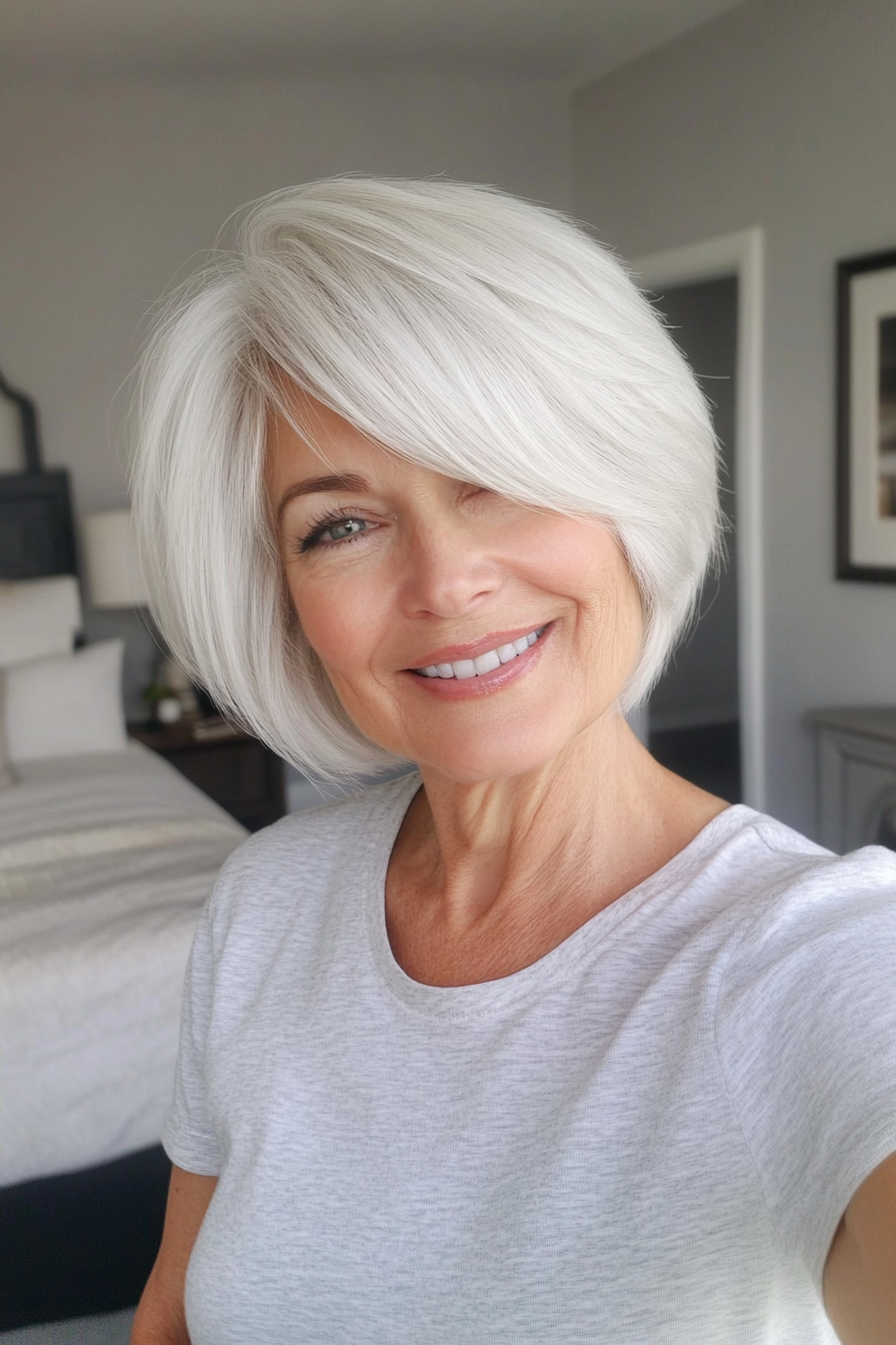 25. Soft White Feathered Crop with Side Bangs (Hairstyles For Women Over 70) - Hairstyles For Women Over 70