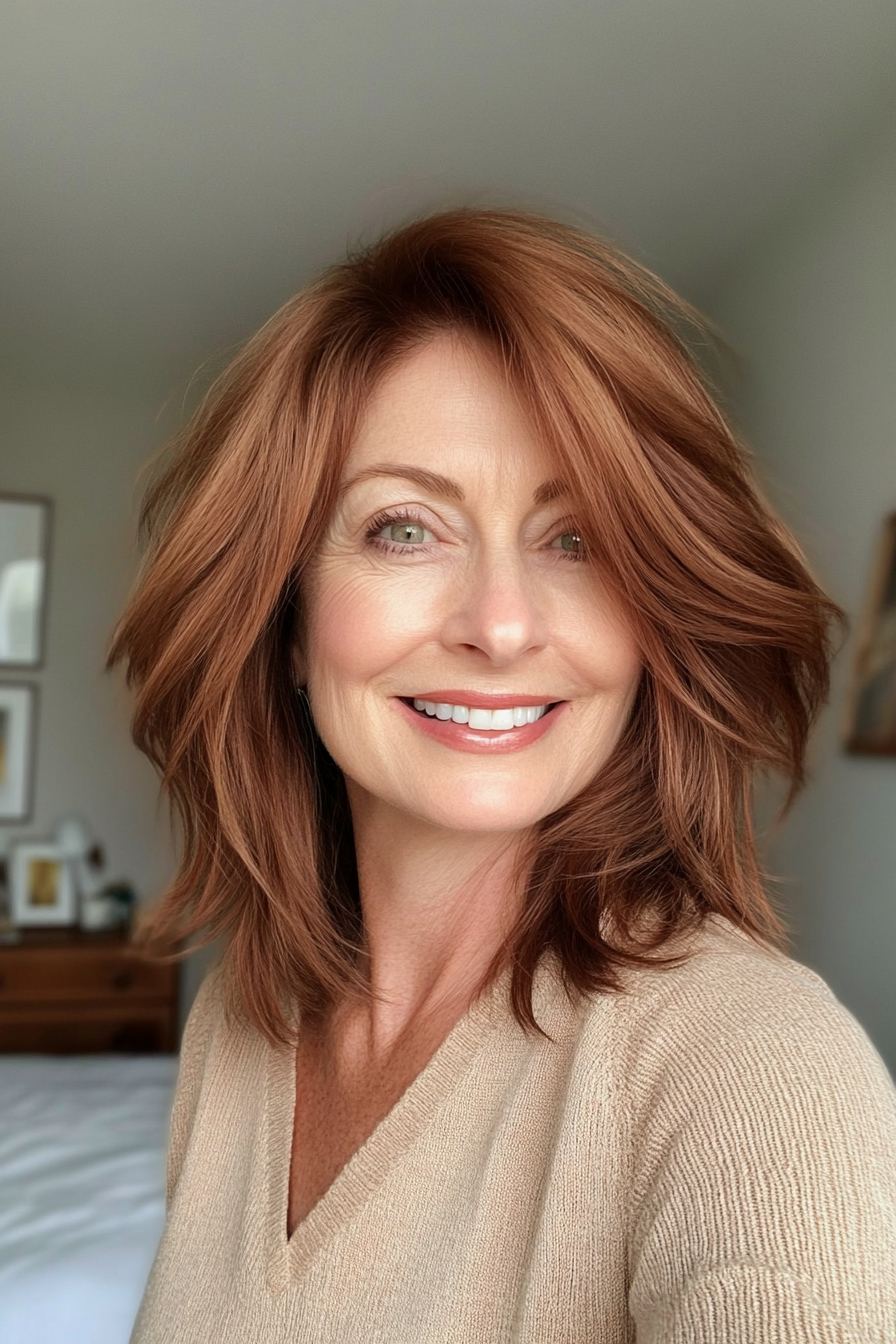 23. Warm Chestnut Wispy Shag (Shag Hairstyles For Women Over 50) - Shag Hairstyles For Women Over 50