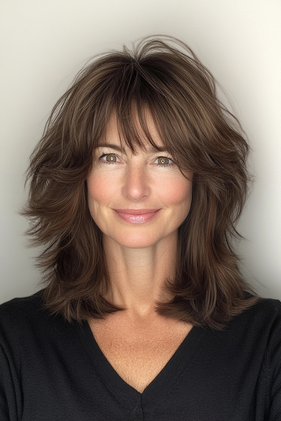25. Deep Brown Layered Shag with Bangs (Shag Hairstyles For Women Over 50) - Shag Hairstyles For Women Over 50