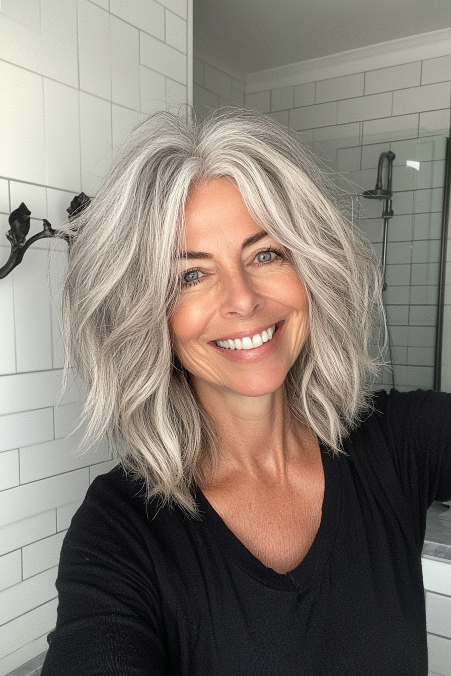 3. Salt-and-Pepper Tousled Shag (Shag Hairstyles For Women Over 50) - Shag Hairstyles For Women Over 50