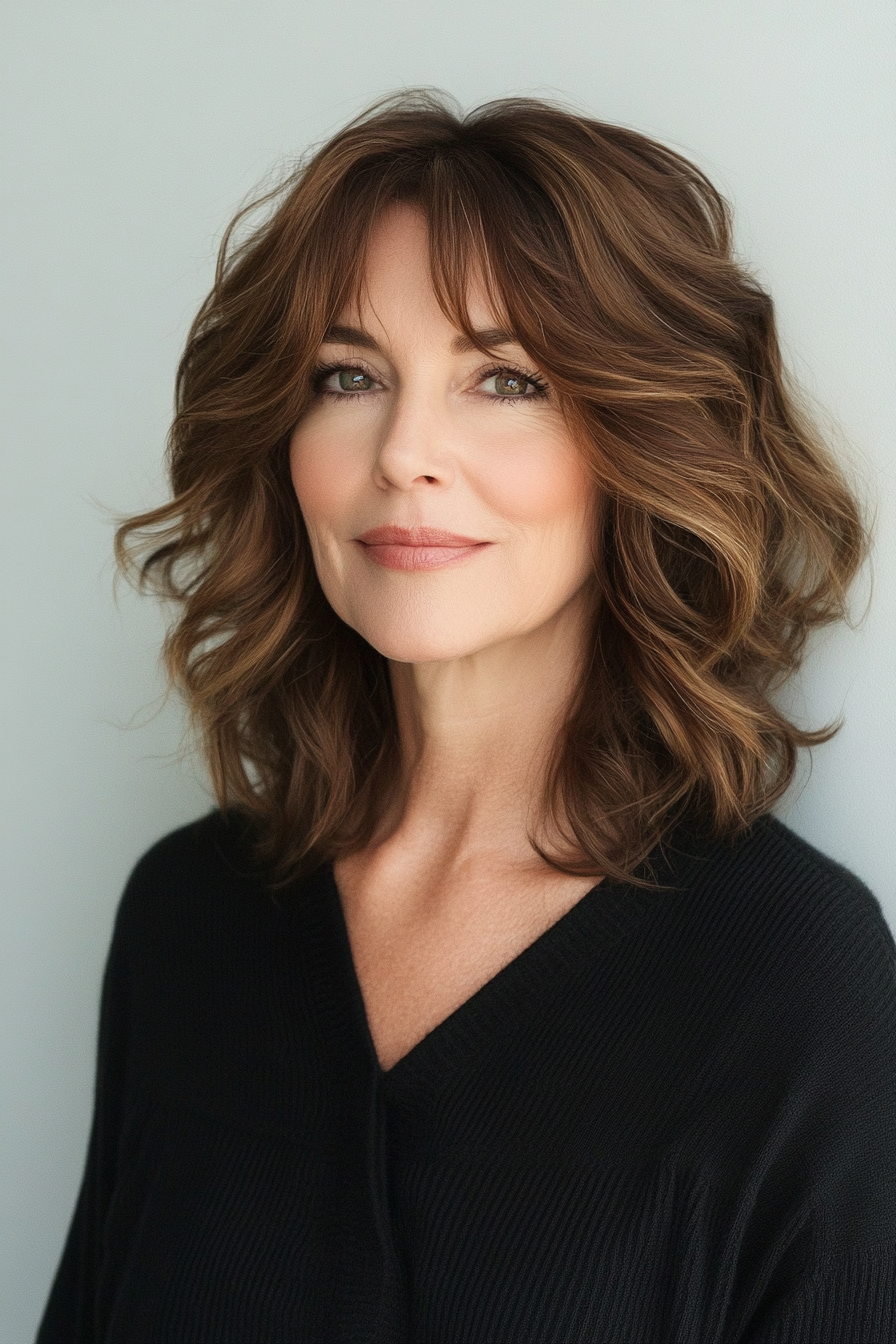 6. Chestnut Brown Wavy Shag (Shag Hairstyles For Women Over 50) - Shag Hairstyles For Women Over 50