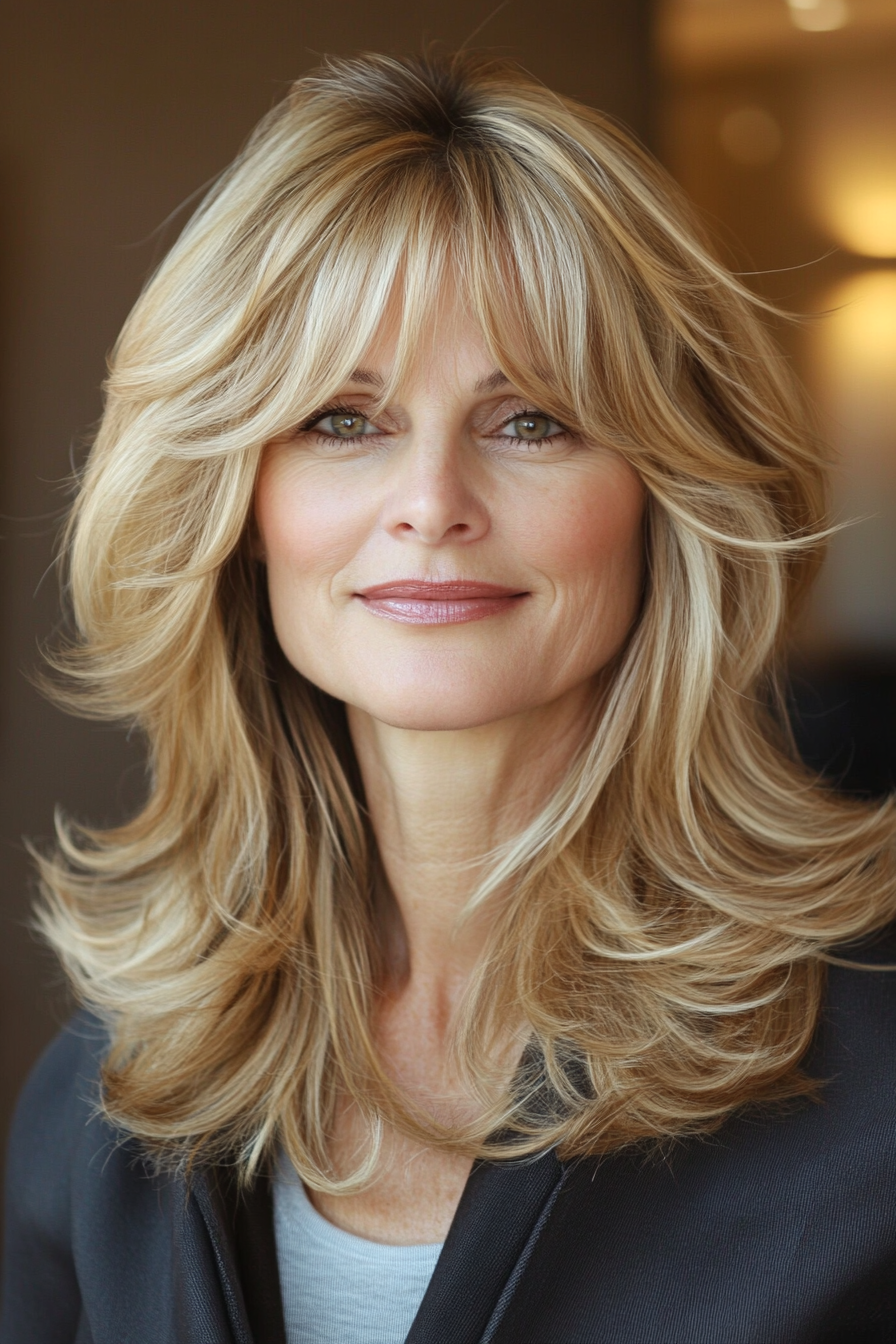 7. Golden Blonde Layered Shag (Shag Hairstyles For Women Over 50) - Shag Hairstyles For Women Over 50