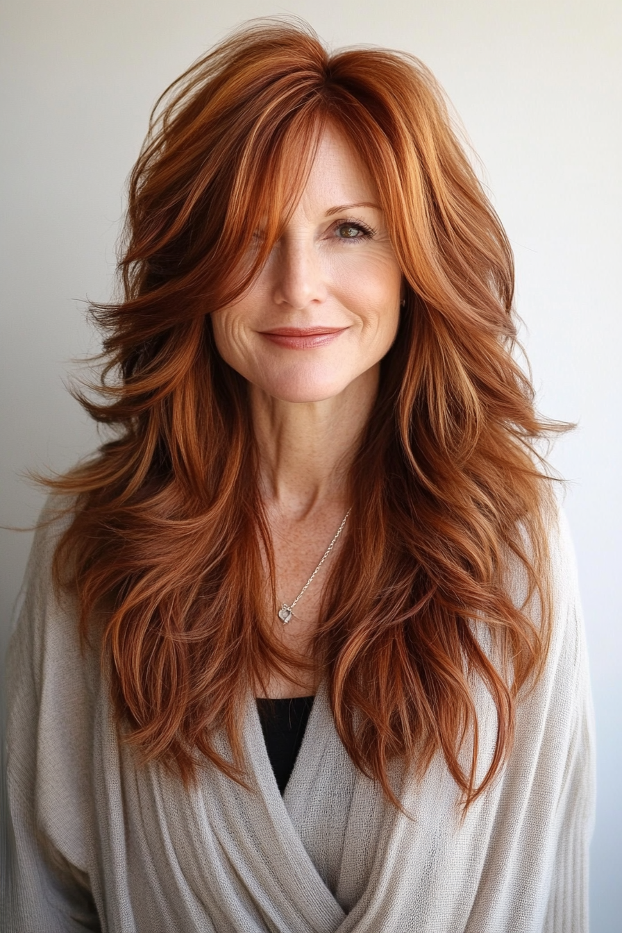 9. Deep Auburn Long Shag (Shag Hairstyles For Women Over 50) - Shag Hairstyles For Women Over 50