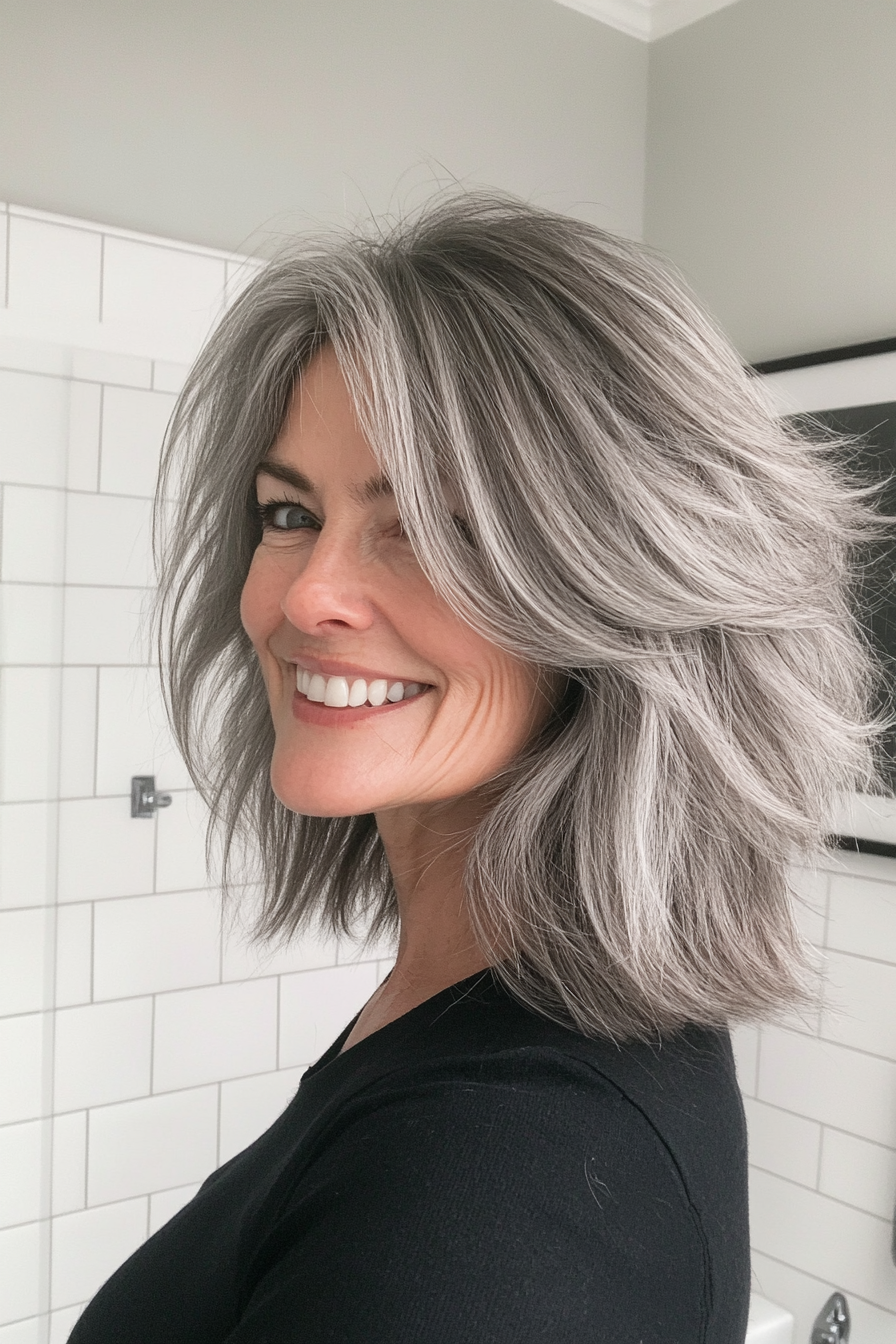 11. Smoky Gray Razor Shag (Shag Hairstyles For Women Over 50) - Shag Hairstyles For Women Over 50