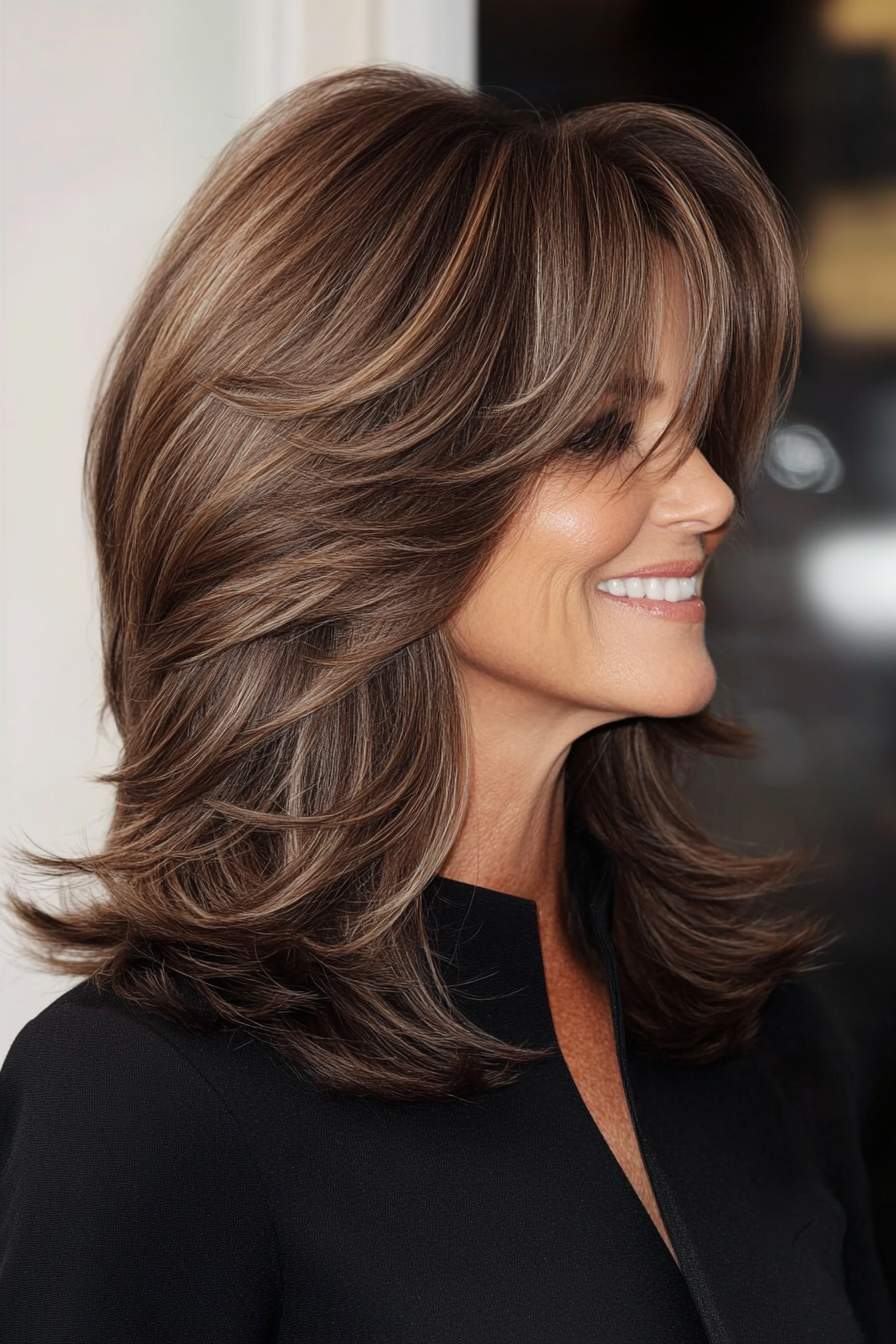 13. Brunette Shag with Curtain Bangs (Shag Hairstyles For Women Over 50) - Shag Hairstyles For Women Over 50