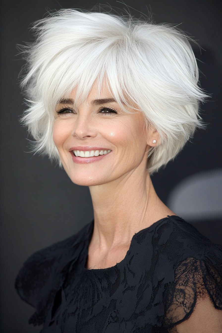 14. Pearl White Pixie Shag (Shag Hairstyles For Women Over 50) - Shag Hairstyles For Women Over 50