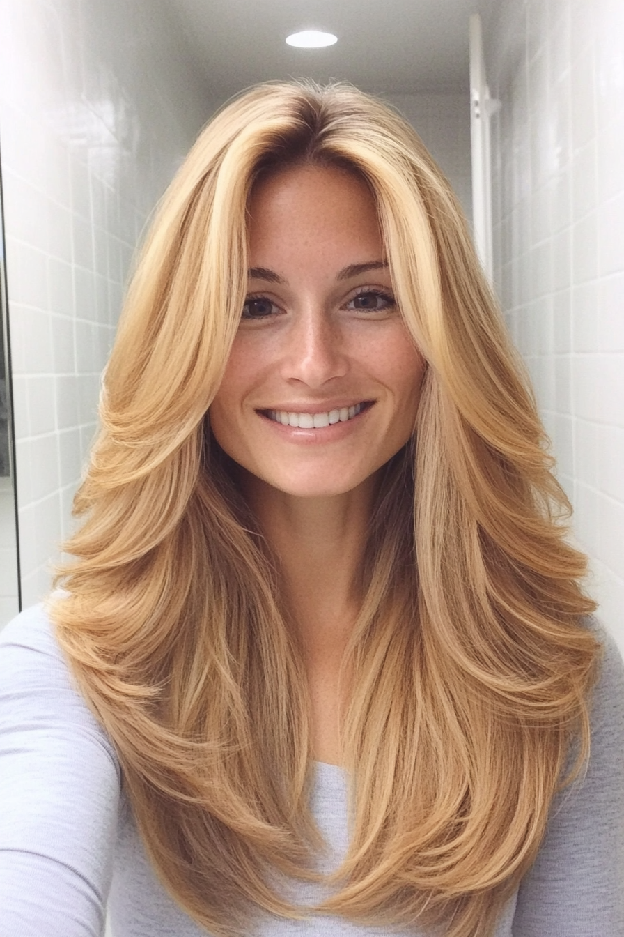 5. Long Curtain Layers with Golden Blonde (Medium Layered Haircuts) - Medium Layered Haircuts