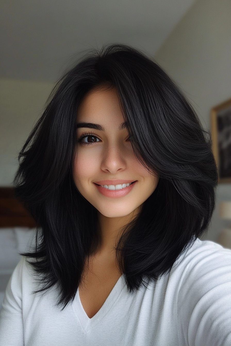 7. Swoopy Layers with Natural Black (Medium Layered Haircuts) - Medium Layered Haircuts