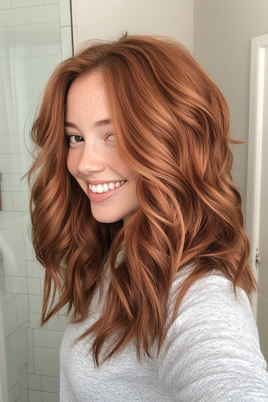 21. Tousled Waves with Cinnamon Brown (Medium Layered Haircuts) - Medium Layered Haircuts