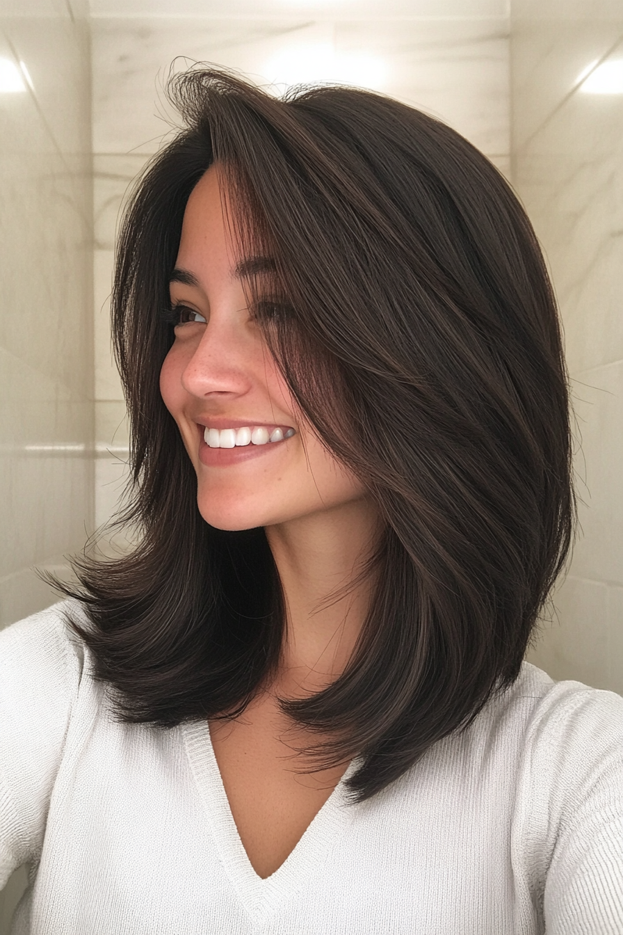 22. Layered Lob with Natural Dark Brunette (Medium Layered Haircuts) - Medium Layered Haircuts