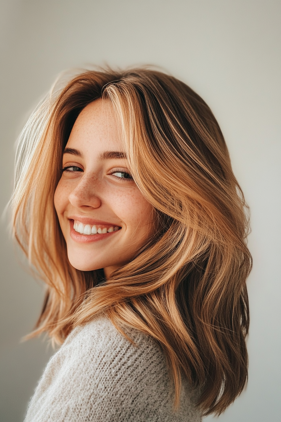 27. Soft Flicked Layers with Golden Brown (Medium Layered Haircuts) - Medium Layered Haircuts
