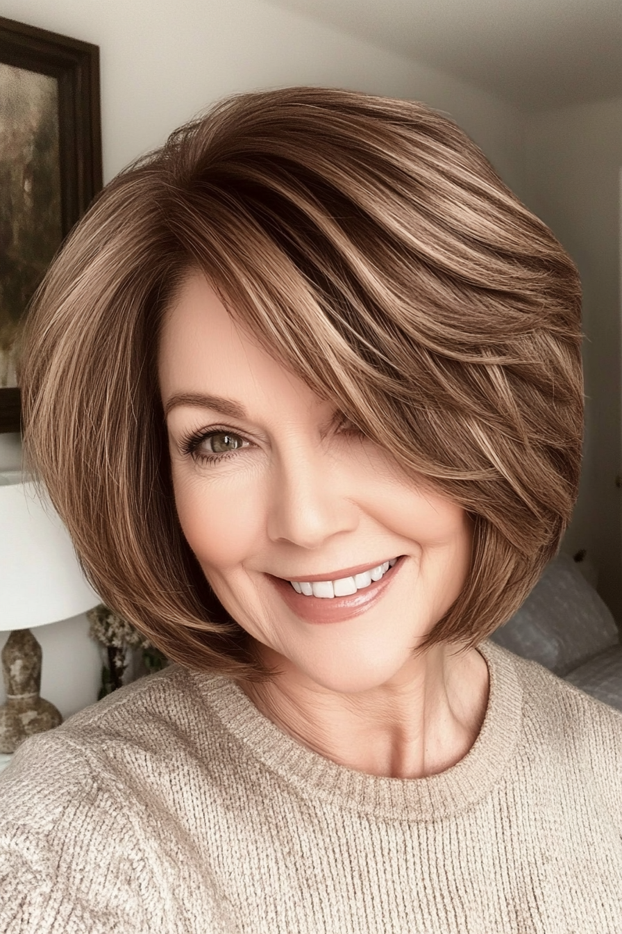 19. Short Layered Bob with Coffee Brown Shade (Short Feathered Haircuts For Older Woman) - Short Feathered Haircuts For Older Woman