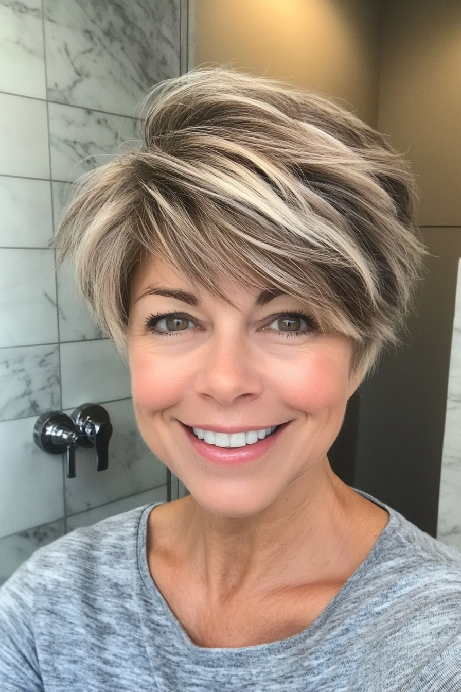 20. Feathered Pixie with Subtle Blonde Highlights (Short Feathered Haircuts For Older Woman) - Short Feathered Haircuts For Older Woman