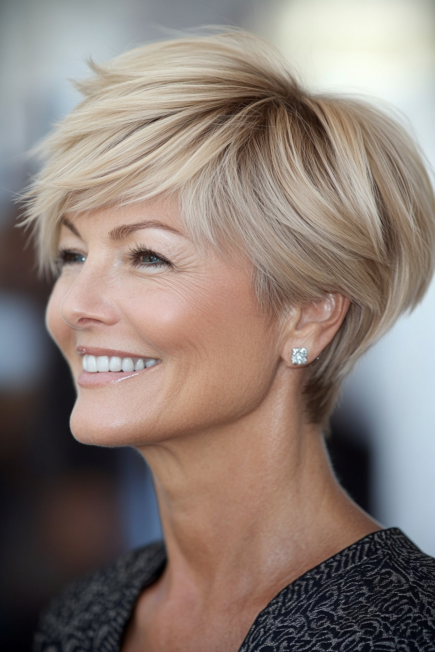 23. Layered Pixie-Bob in Warm Beige Blonde (Short Feathered Haircuts For Older Woman) - Short Feathered Haircuts For Older Woman