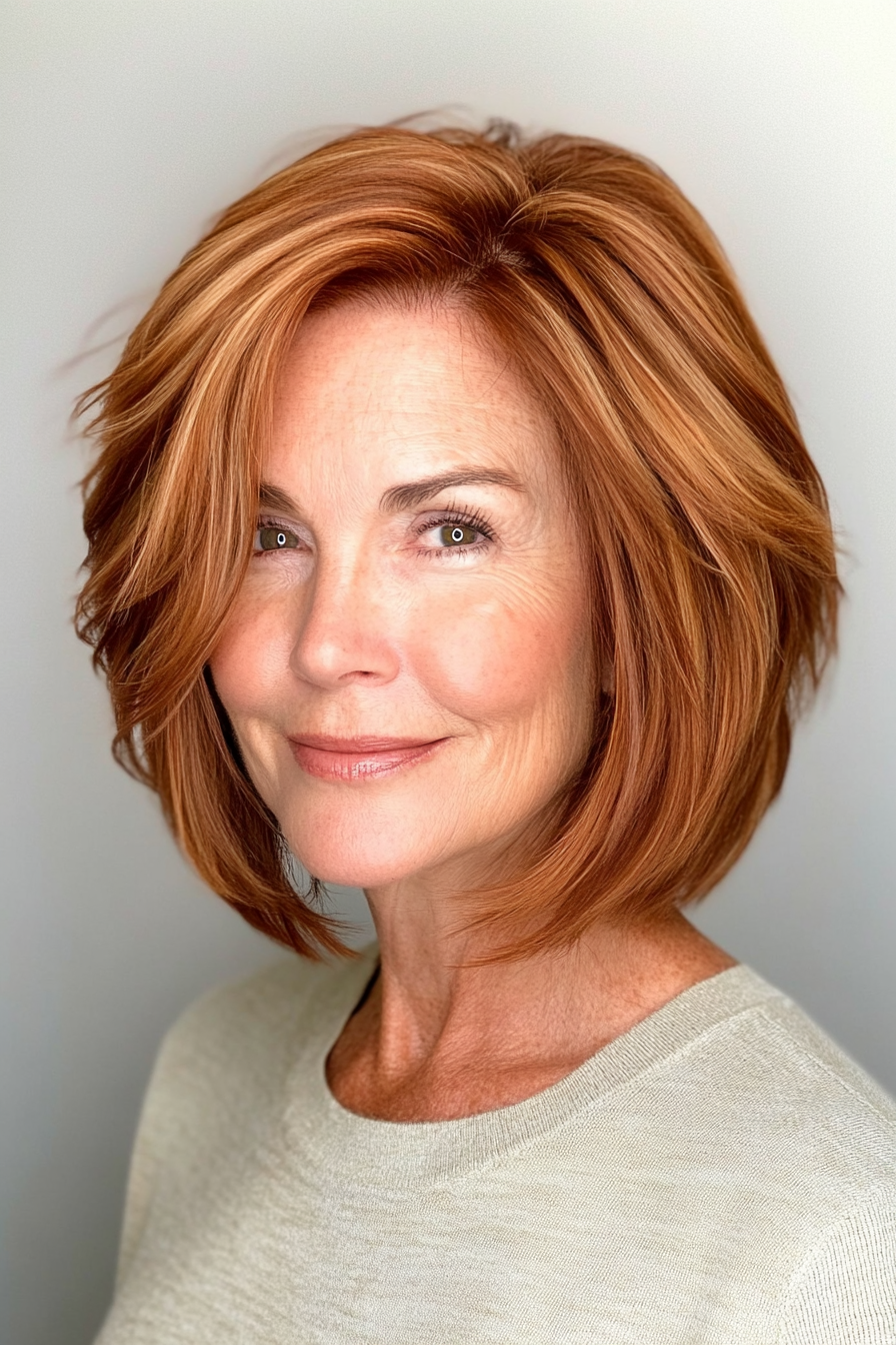 24. Feathered Bob with Soft Auburn Highlights (Short Feathered Haircuts For Older Woman) - Short Feathered Haircuts For Older Woman