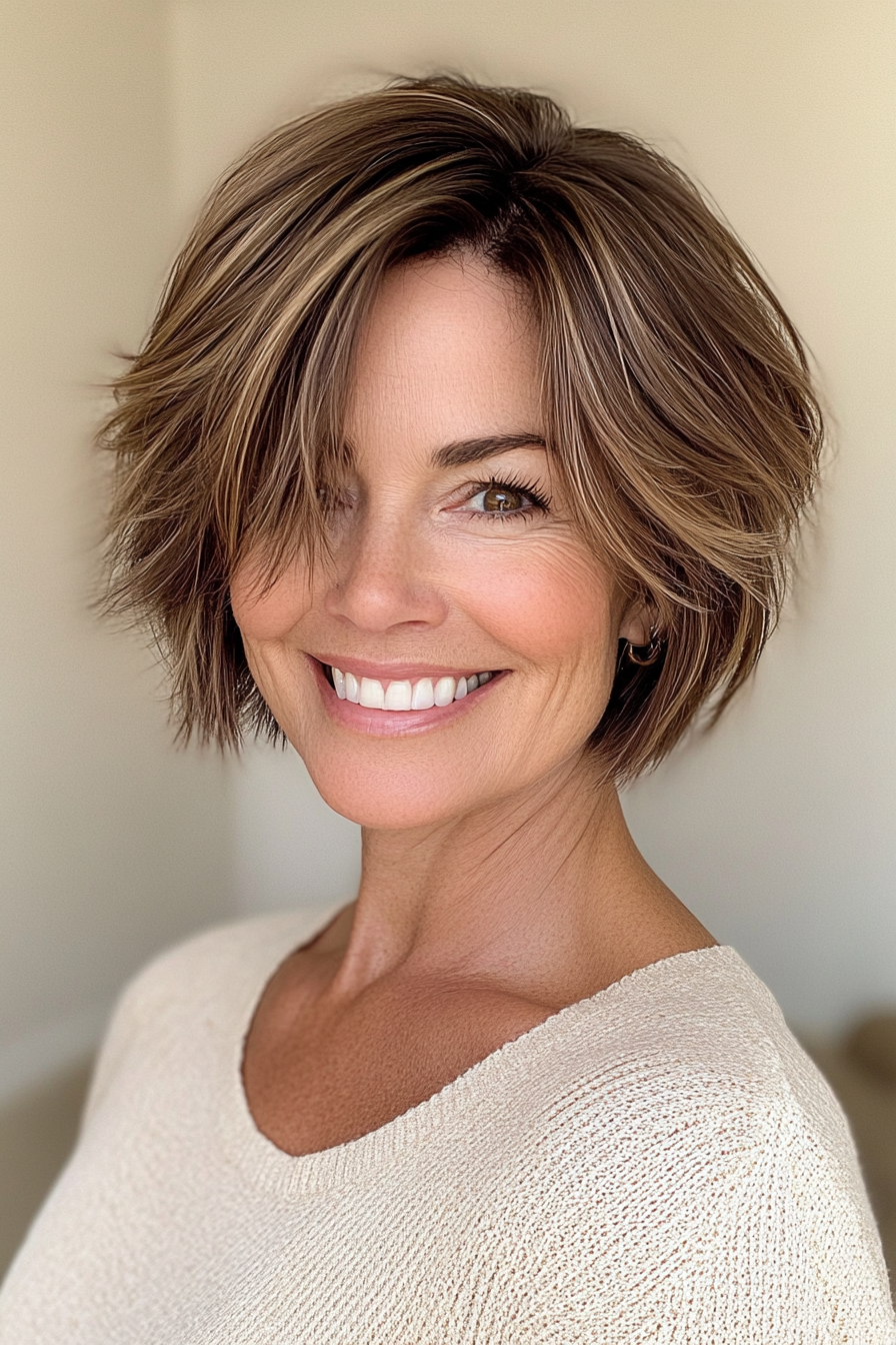 27. Short Layered Bob with Natural Brunette Shade (Short Feathered Haircuts For Older Woman) - Short Feathered Haircuts For Older Woman