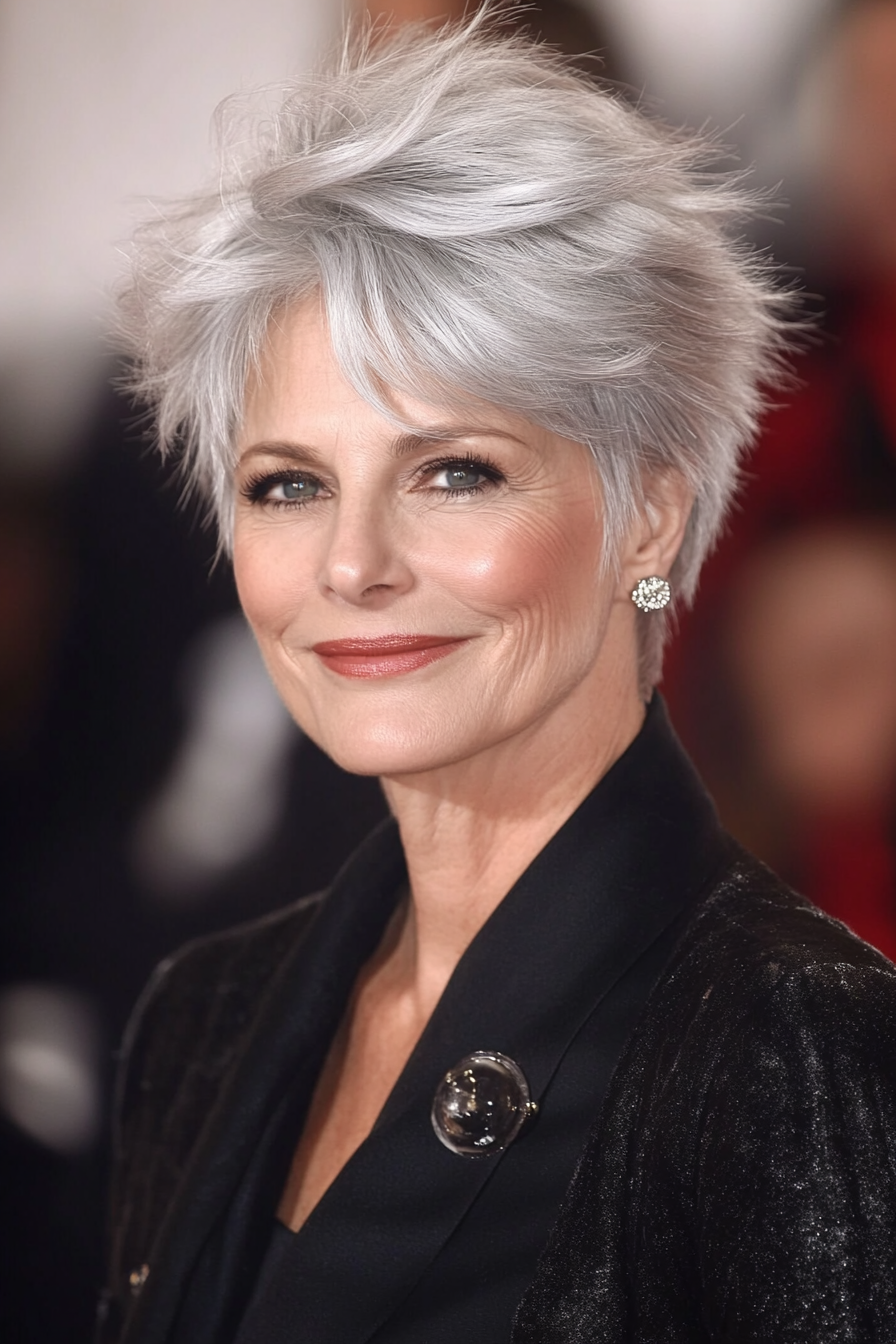 1. Classic Feathered Pixie in Soft Silver (Short Feathered Haircuts For Older Woman) - Short Feathered Haircuts For Older Woman