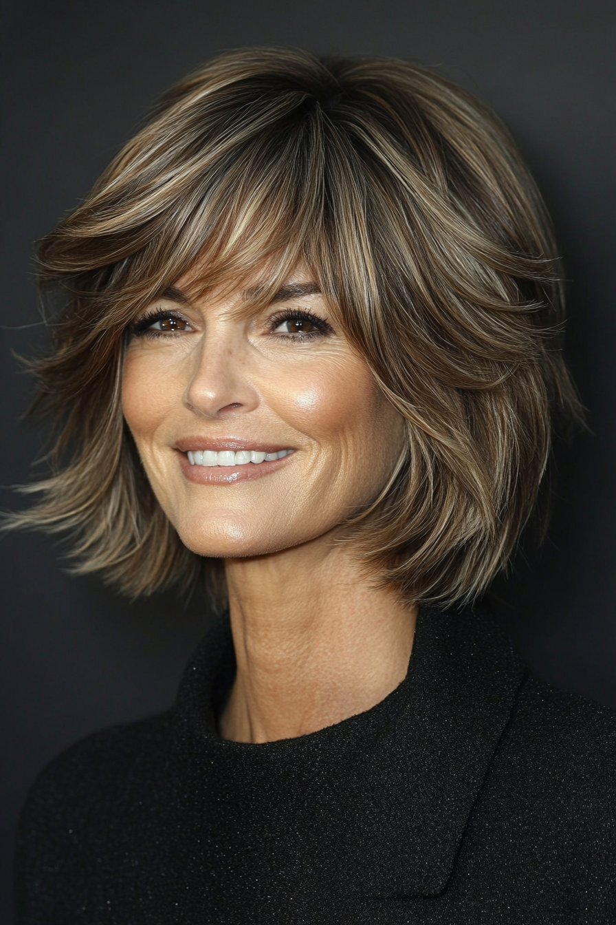 2. Layered Bob with Ash Brown Highlights (Short Feathered Haircuts For Older Woman) - Short Feathered Haircuts For Older Woman