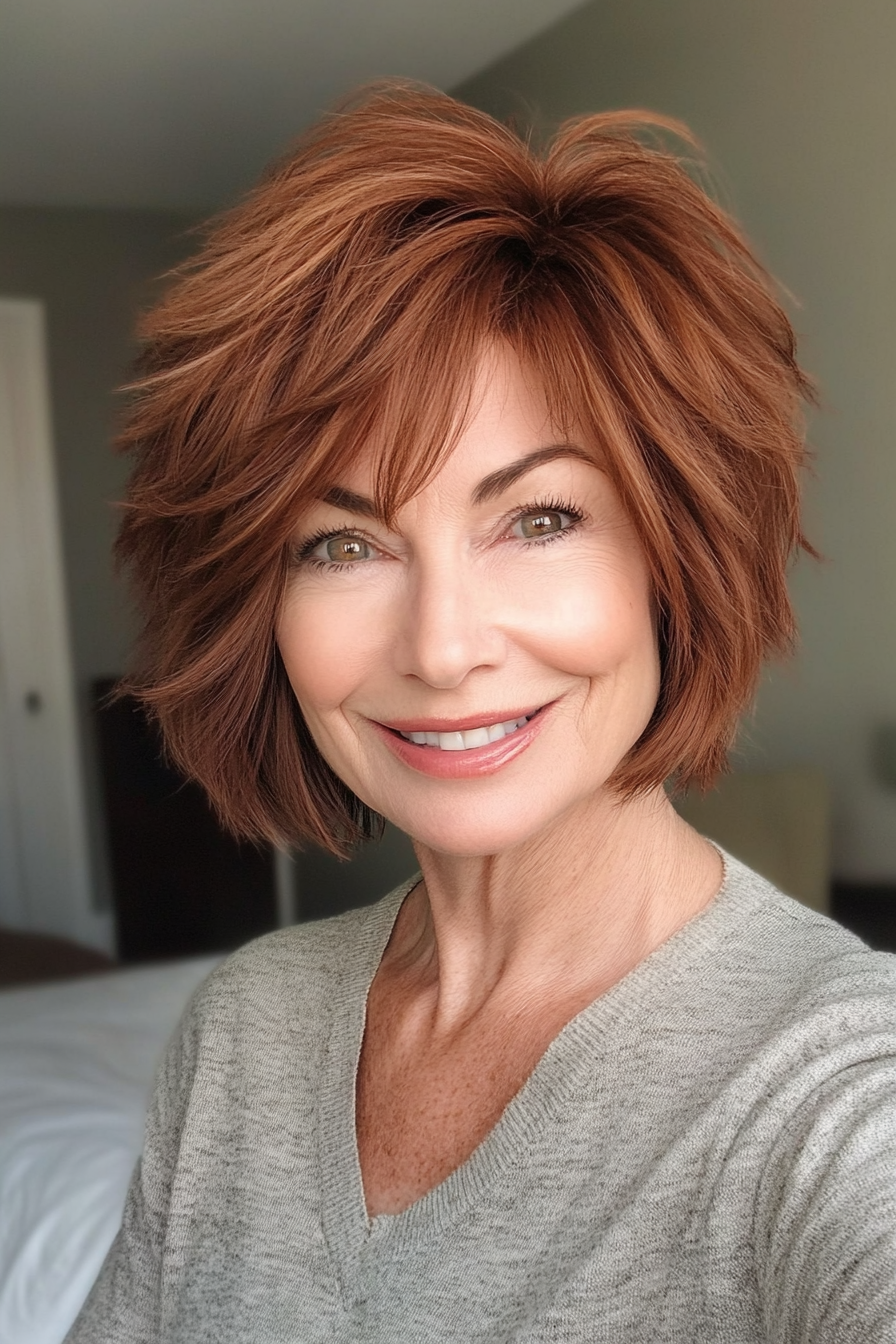3. Short Shaggy Cut in Warm Chestnut (Short Feathered Haircuts For Older Woman) - Short Feathered Haircuts For Older Woman