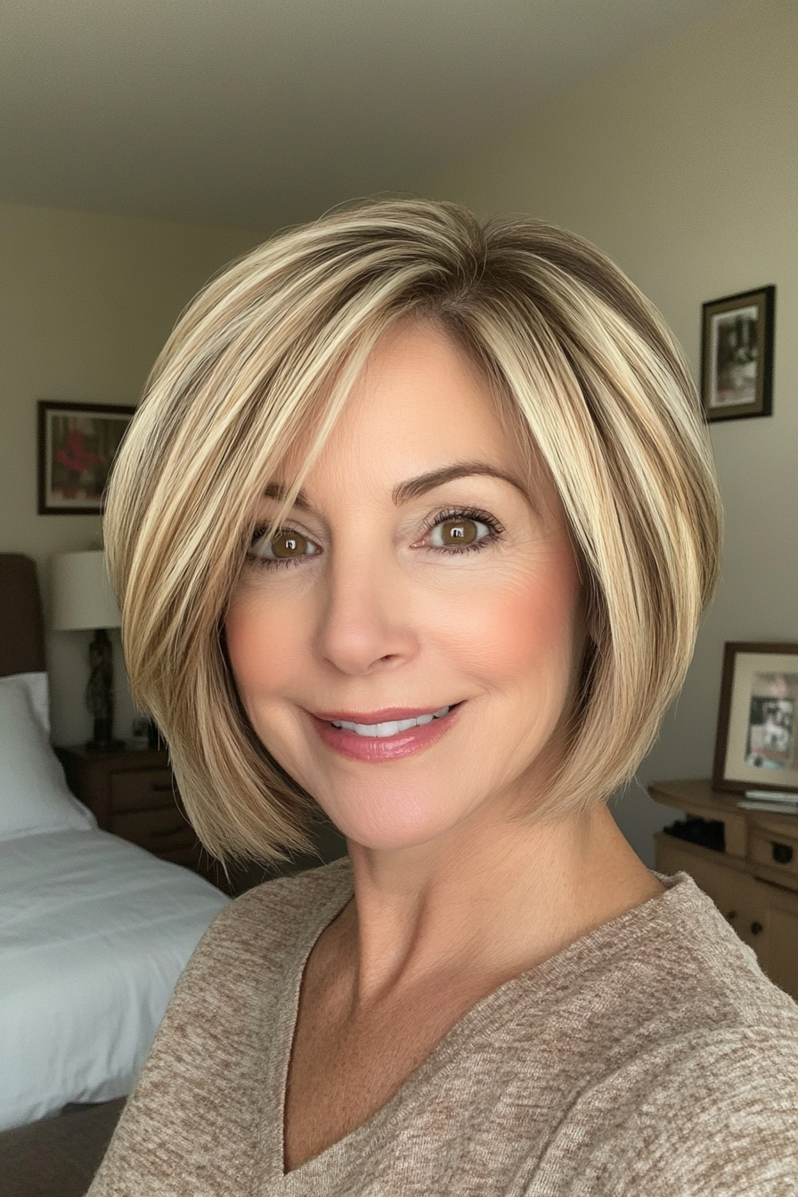 5. Feathered Bob with Caramel Lowlights (Short Feathered Haircuts For Older Woman) - Short Feathered Haircuts For Older Woman