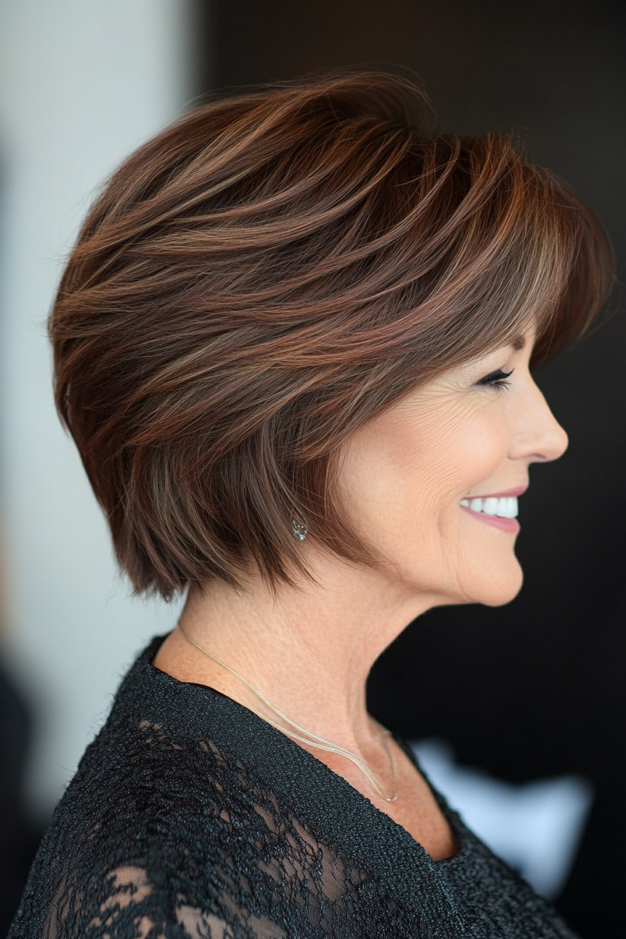 7. Short Layered Cut in Rich Mahogany (Short Feathered Haircuts For Older Woman) - Short Feathered Haircuts For Older Woman