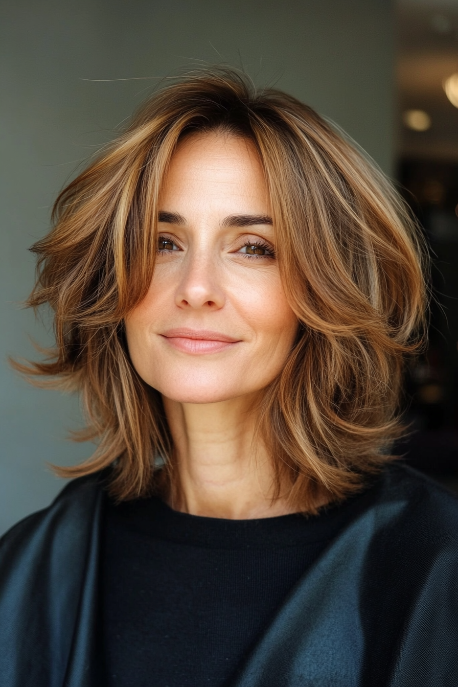 8. Feathered Lob with Cinnamon Highlights (Short Feathered Haircuts For Older Woman) - Short Feathered Haircuts For Older Woman