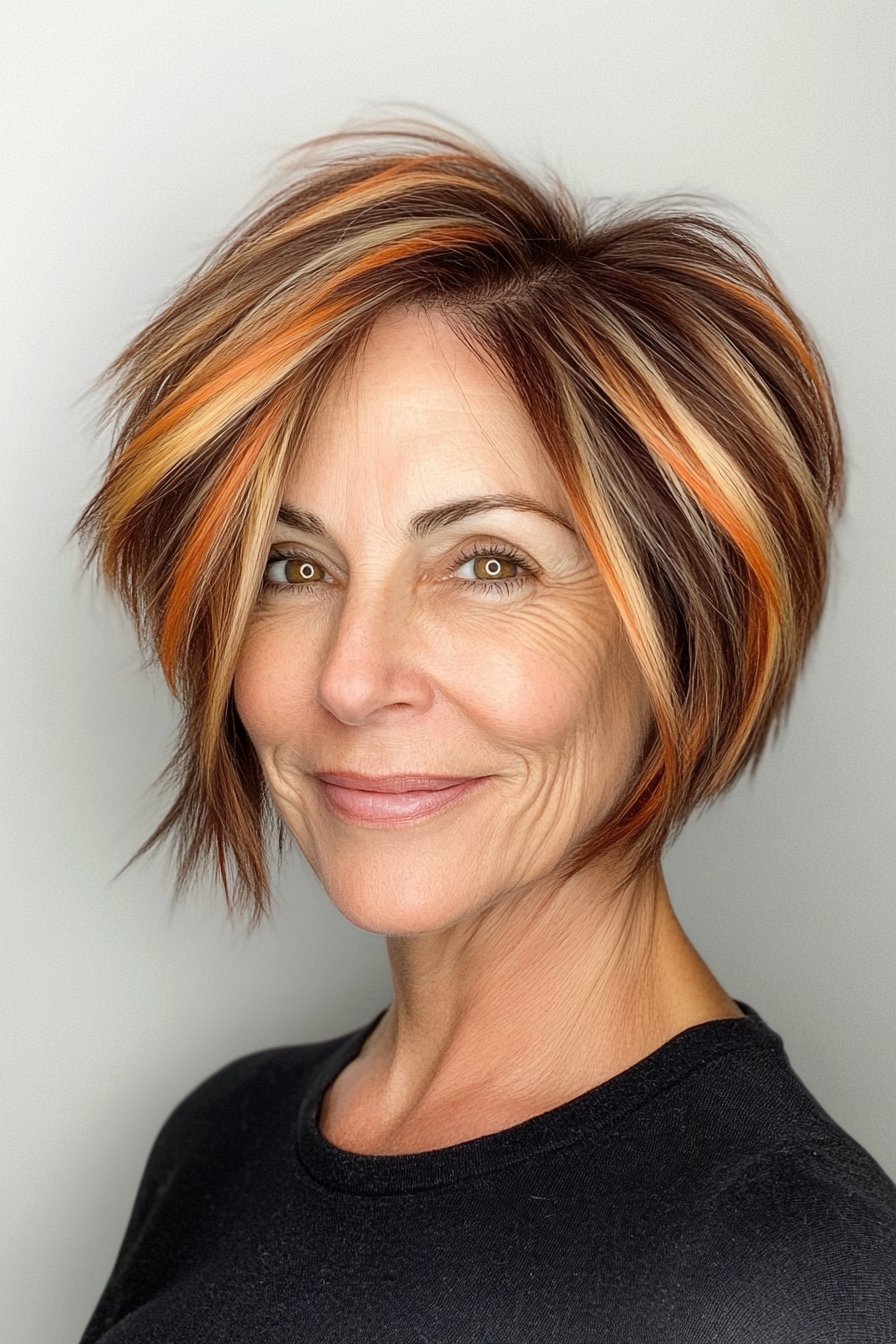 10. Asymmetrical Bob with Auburn Streaks (Short Feathered Haircuts For Older Woman) - Short Feathered Haircuts For Older Woman